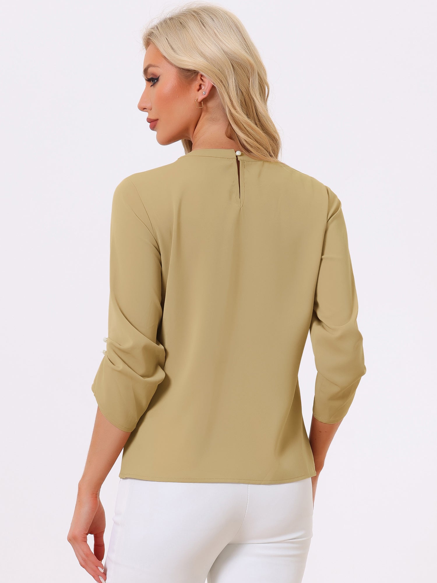Office Keyhole Pleated Front Ruched 3/4 Sleeve Chiffon Blouse