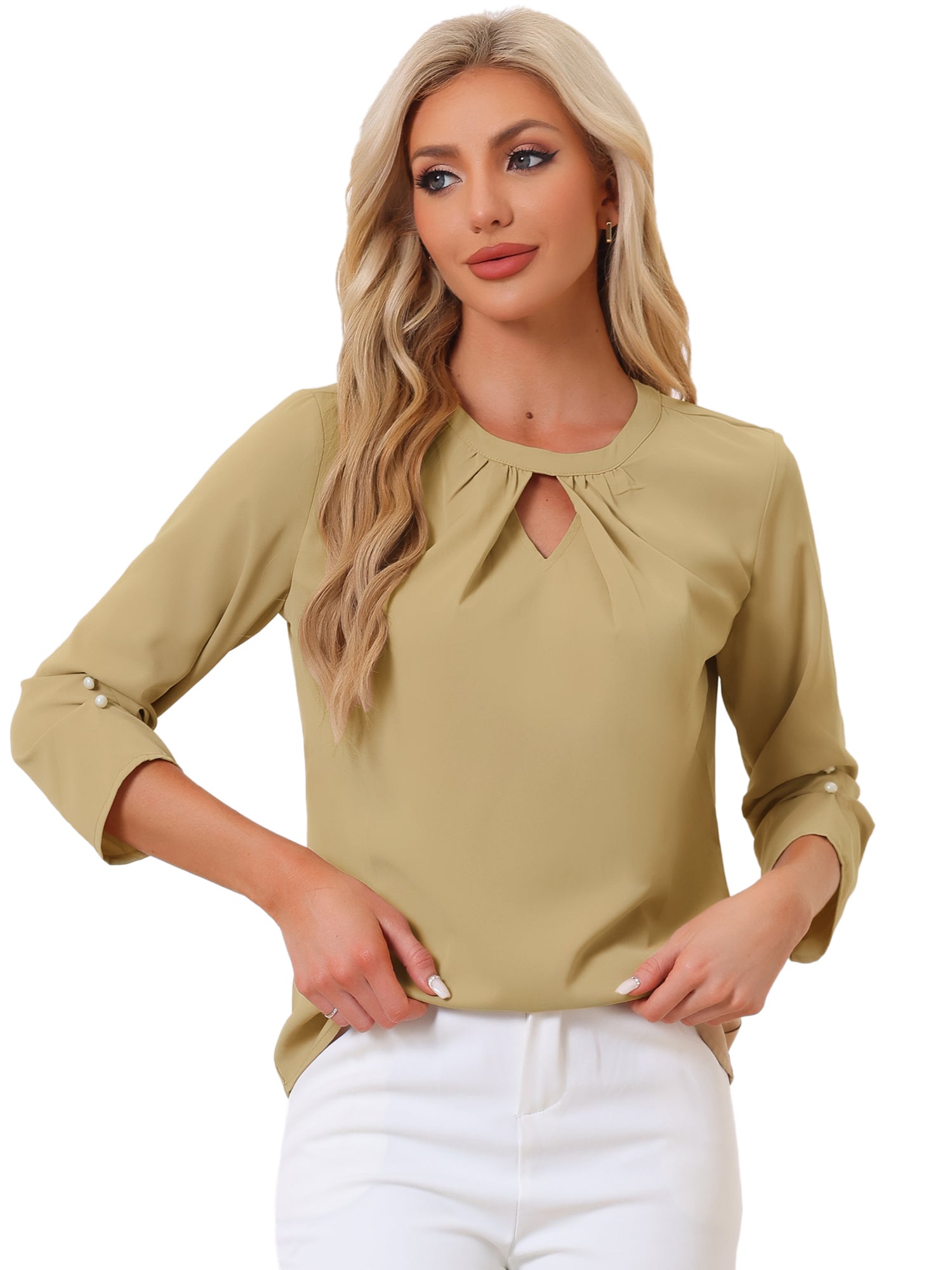 Office Keyhole Pleated Front Ruched 3/4 Sleeve Chiffon Blouse