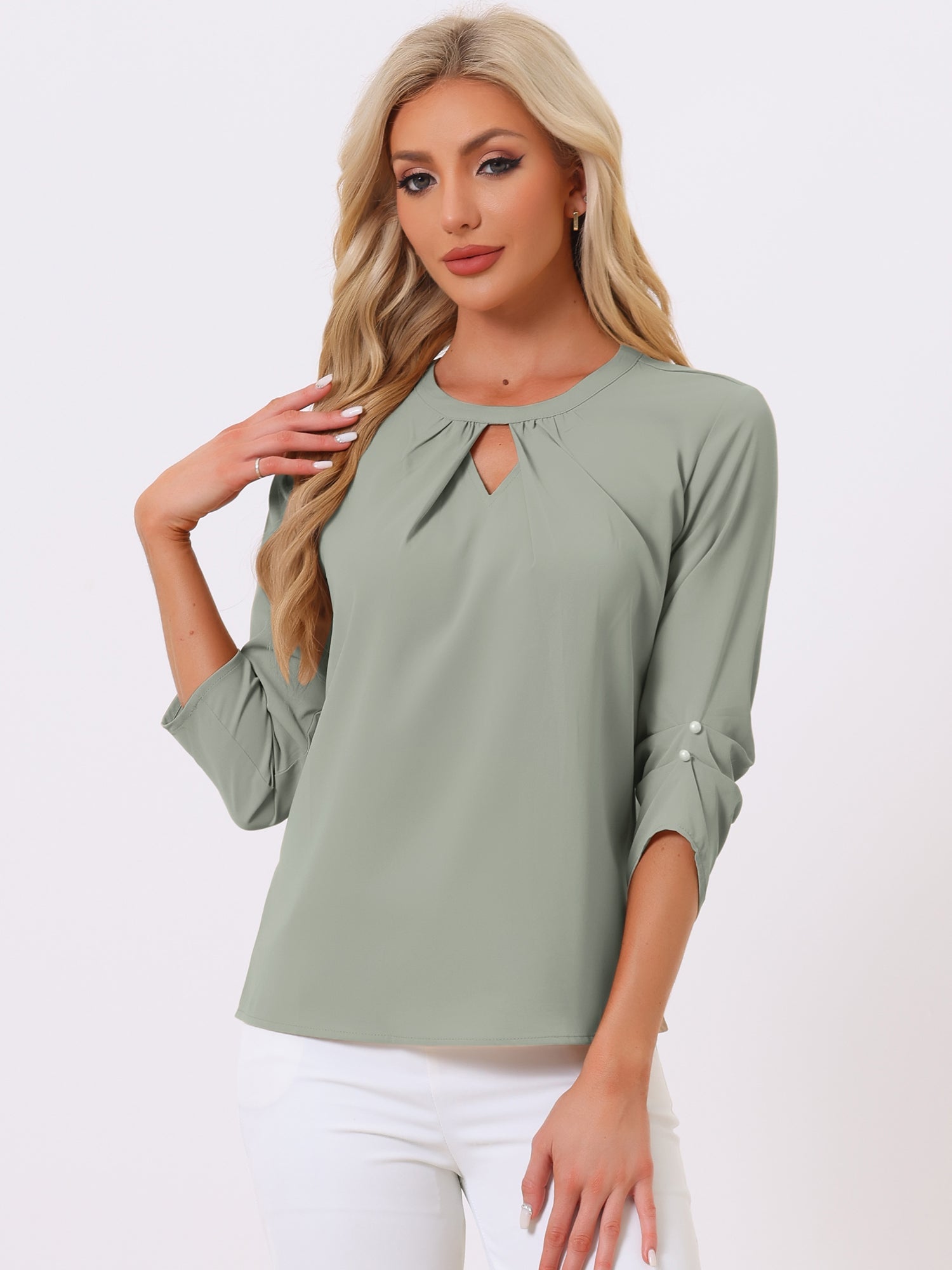 Office Keyhole Pleated Front Ruched 3/4 Sleeve Chiffon Blouse