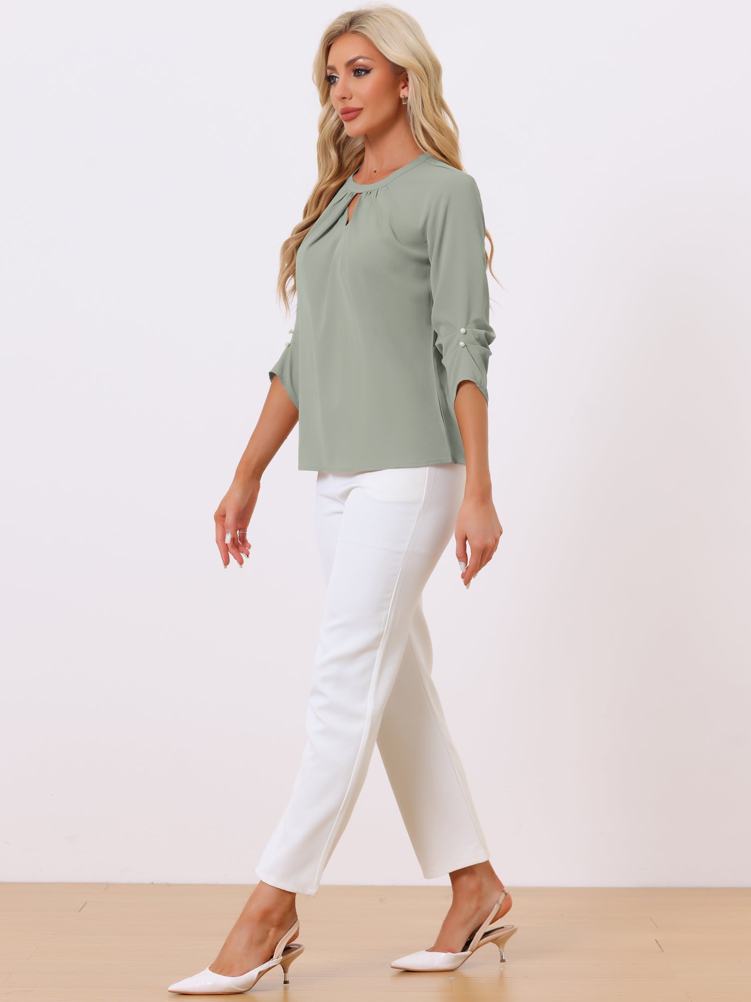 Office Keyhole Pleated Front Ruched 3/4 Sleeve Chiffon Blouse