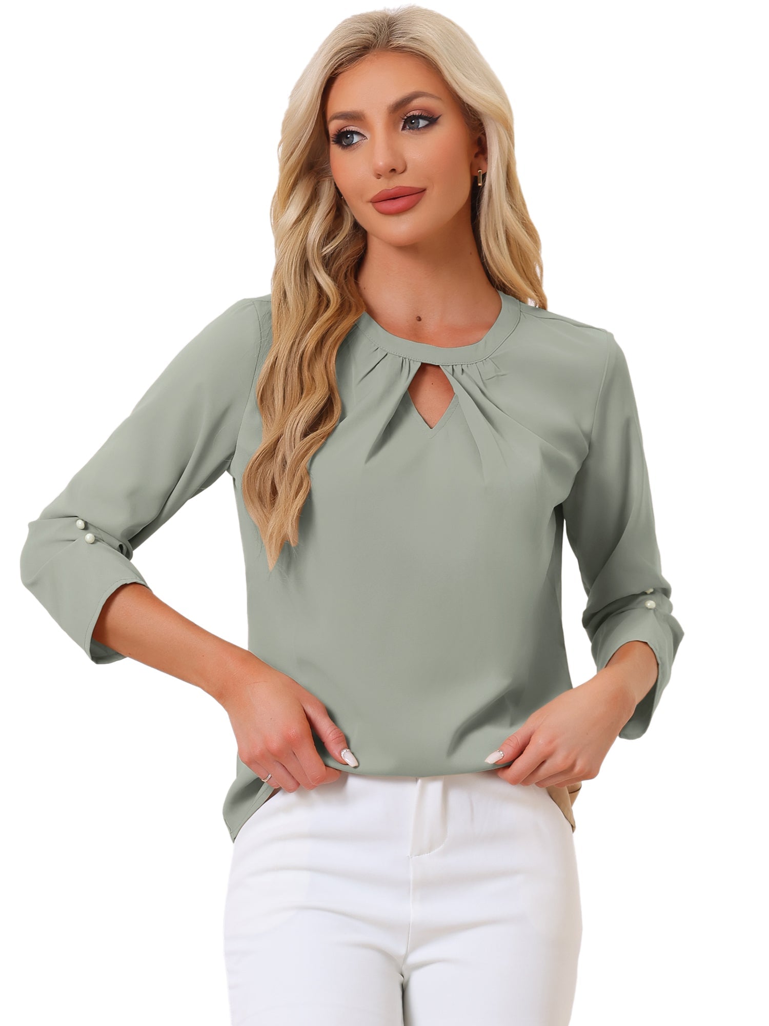 Office Keyhole Pleated Front Ruched 3/4 Sleeve Chiffon Blouse