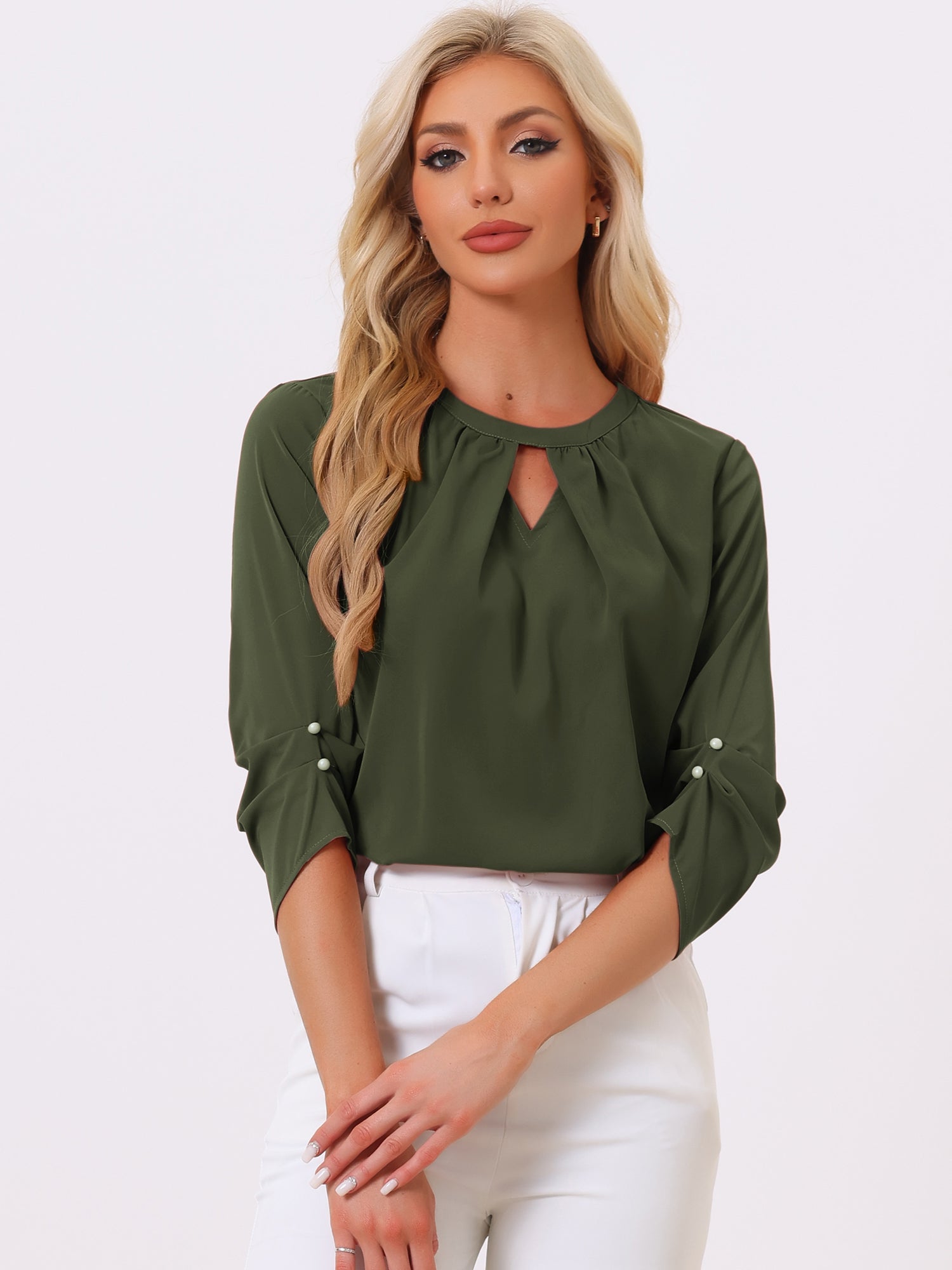 Office Keyhole Pleated Front Ruched 3/4 Sleeve Chiffon Blouse