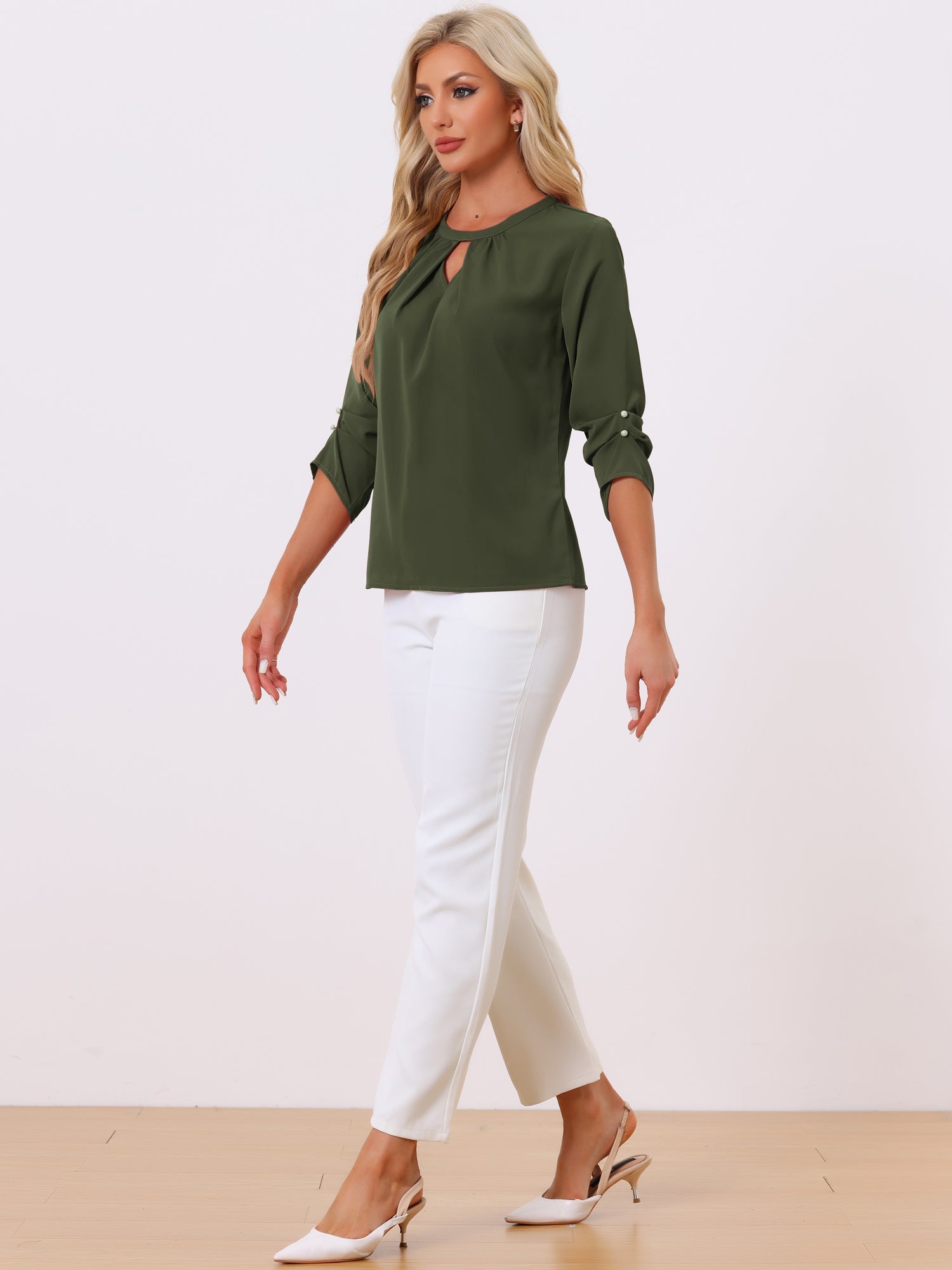 Office Keyhole Pleated Front Ruched 3/4 Sleeve Chiffon Blouse