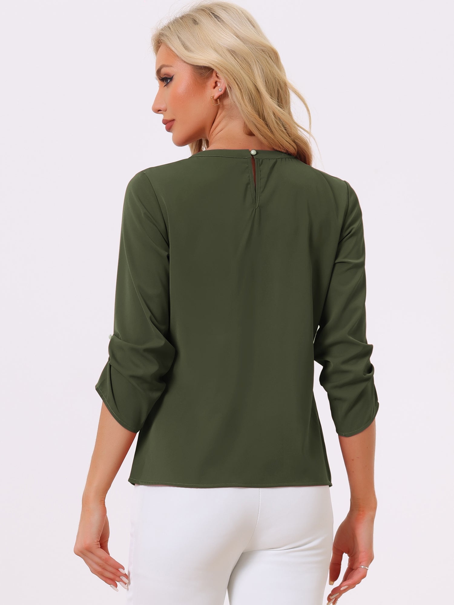 Office Keyhole Pleated Front Ruched 3/4 Sleeve Chiffon Blouse