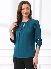 Office Keyhole Pleated 3/4 Sleeve Chiffon Blouse