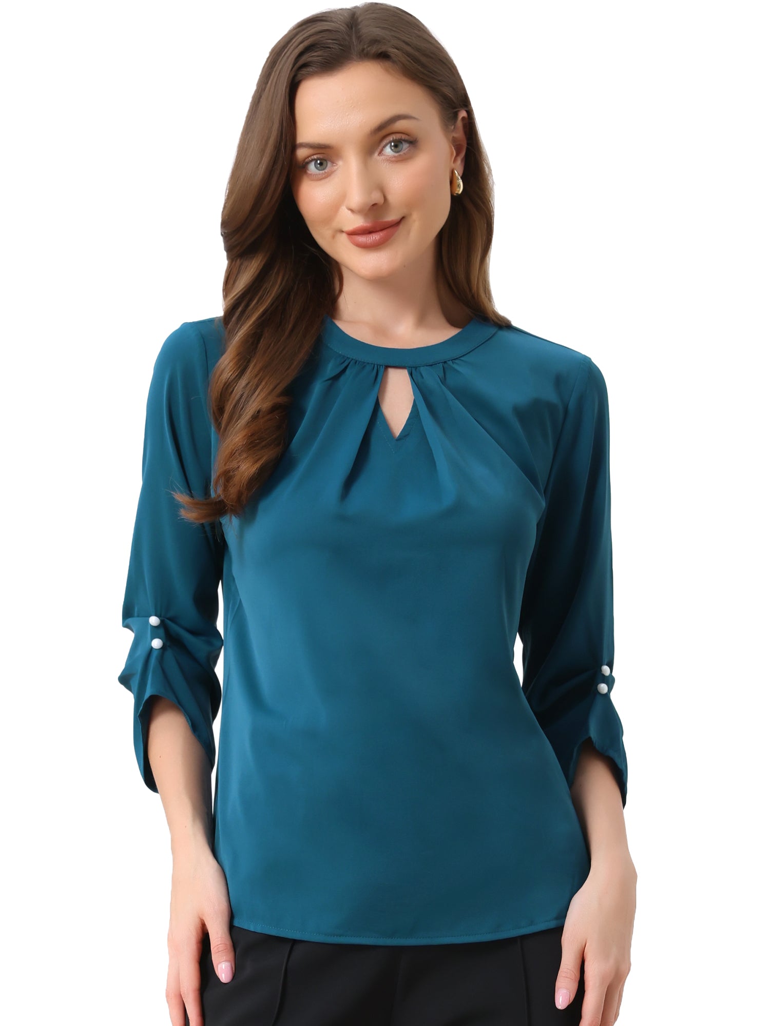 Office Keyhole Pleated 3/4 Sleeve Chiffon Blouse