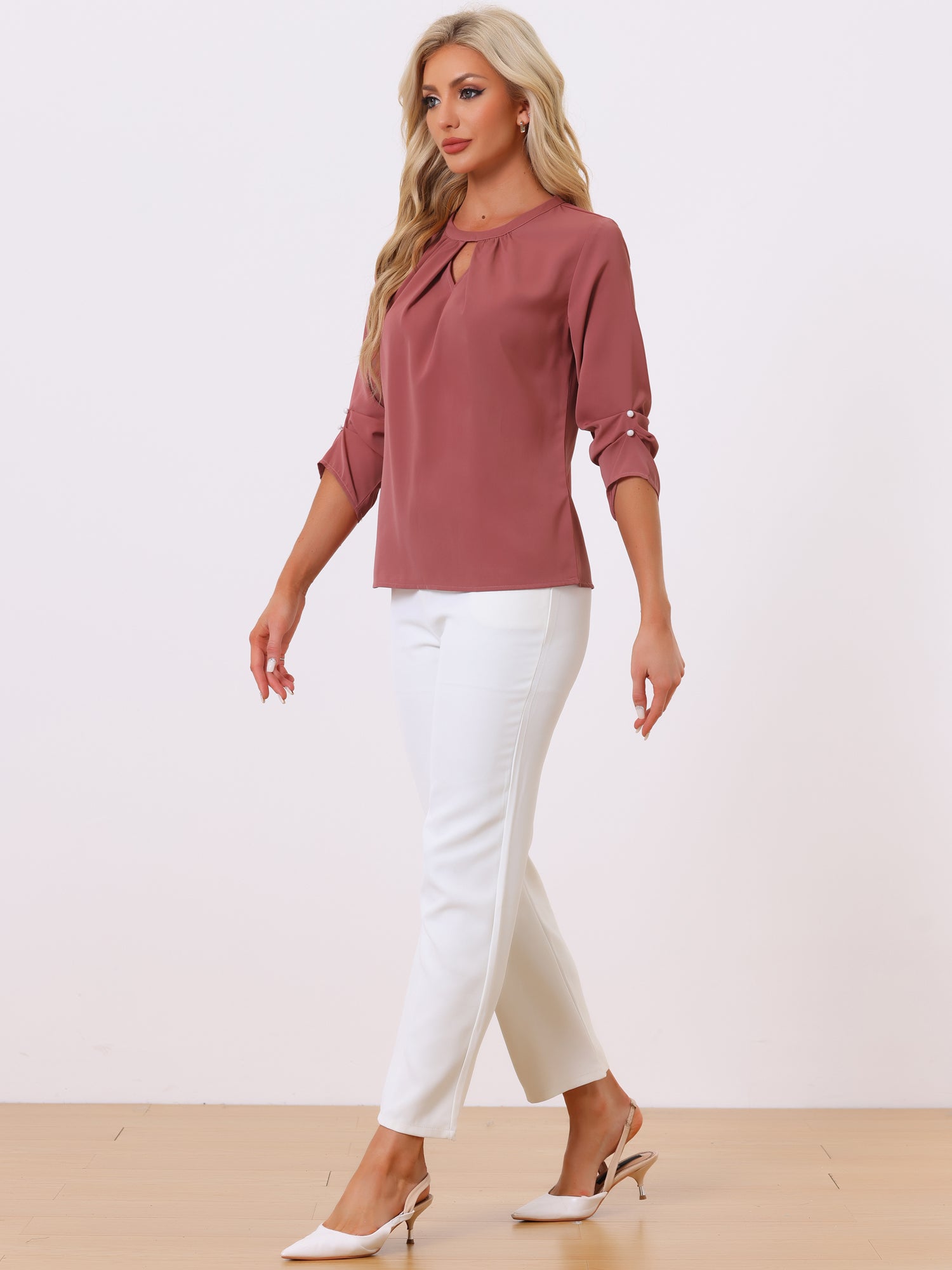 Office Keyhole Pleated 3/4 Sleeve Chiffon Blouse