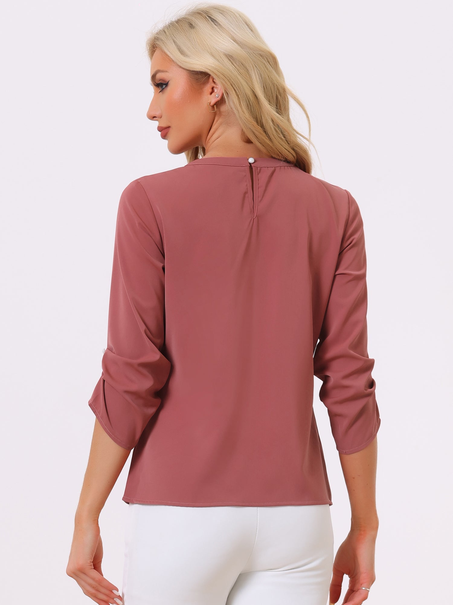 Office Keyhole Pleated 3/4 Sleeve Chiffon Blouse