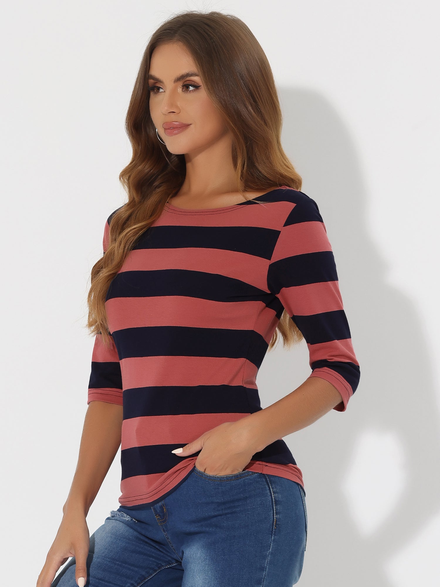 Striped 3/4 Sleeve Casual Basic Boat Neck T-shirt