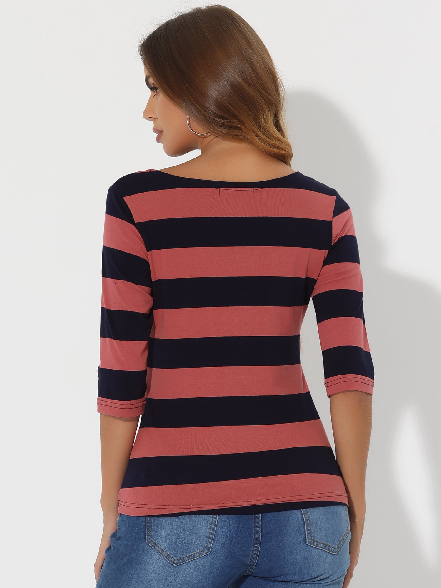 Striped 3/4 Sleeve Casual Basic Boat Neck T-shirt
