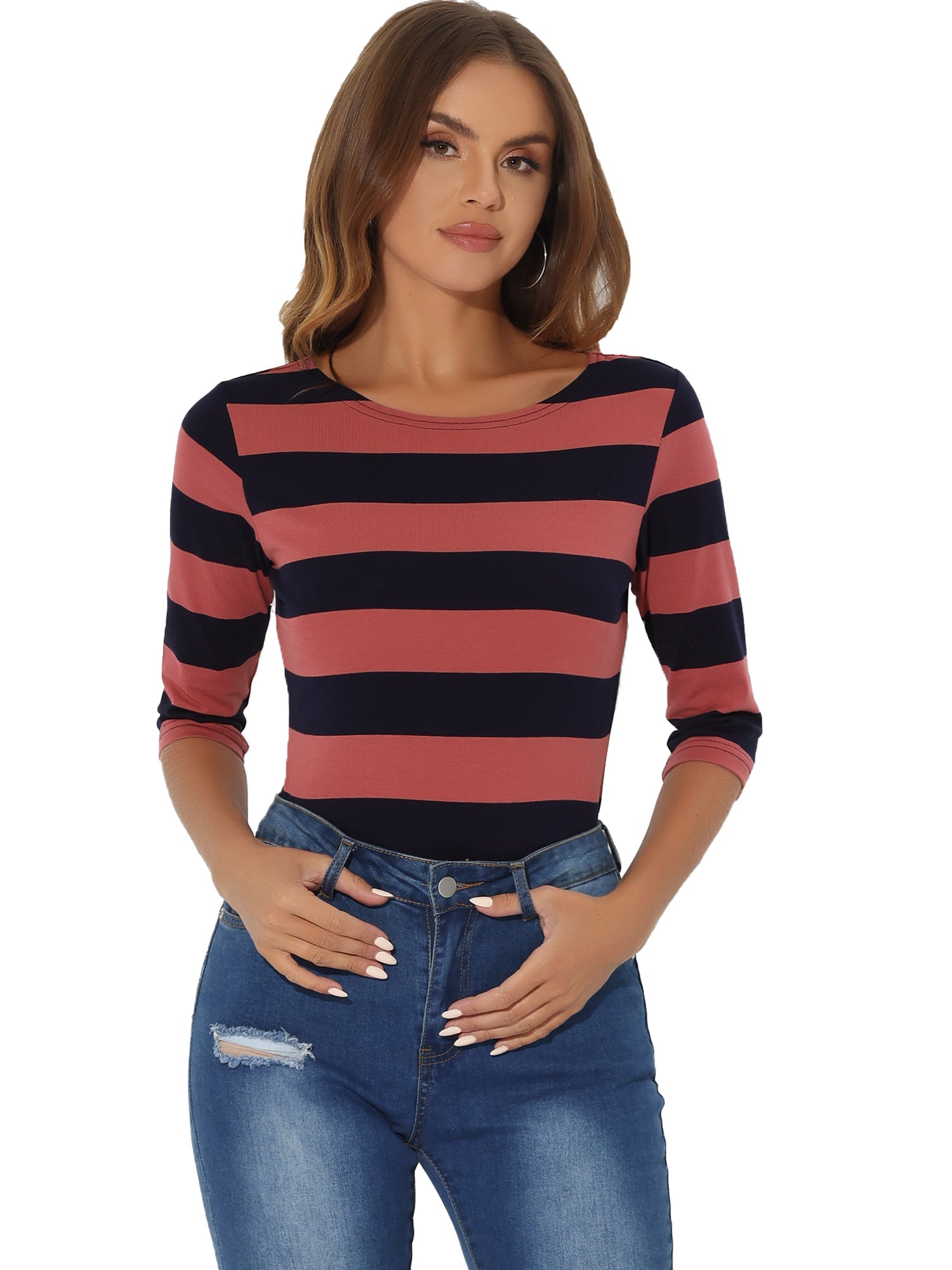 Striped 3/4 Sleeve Casual Basic Boat Neck T-shirt