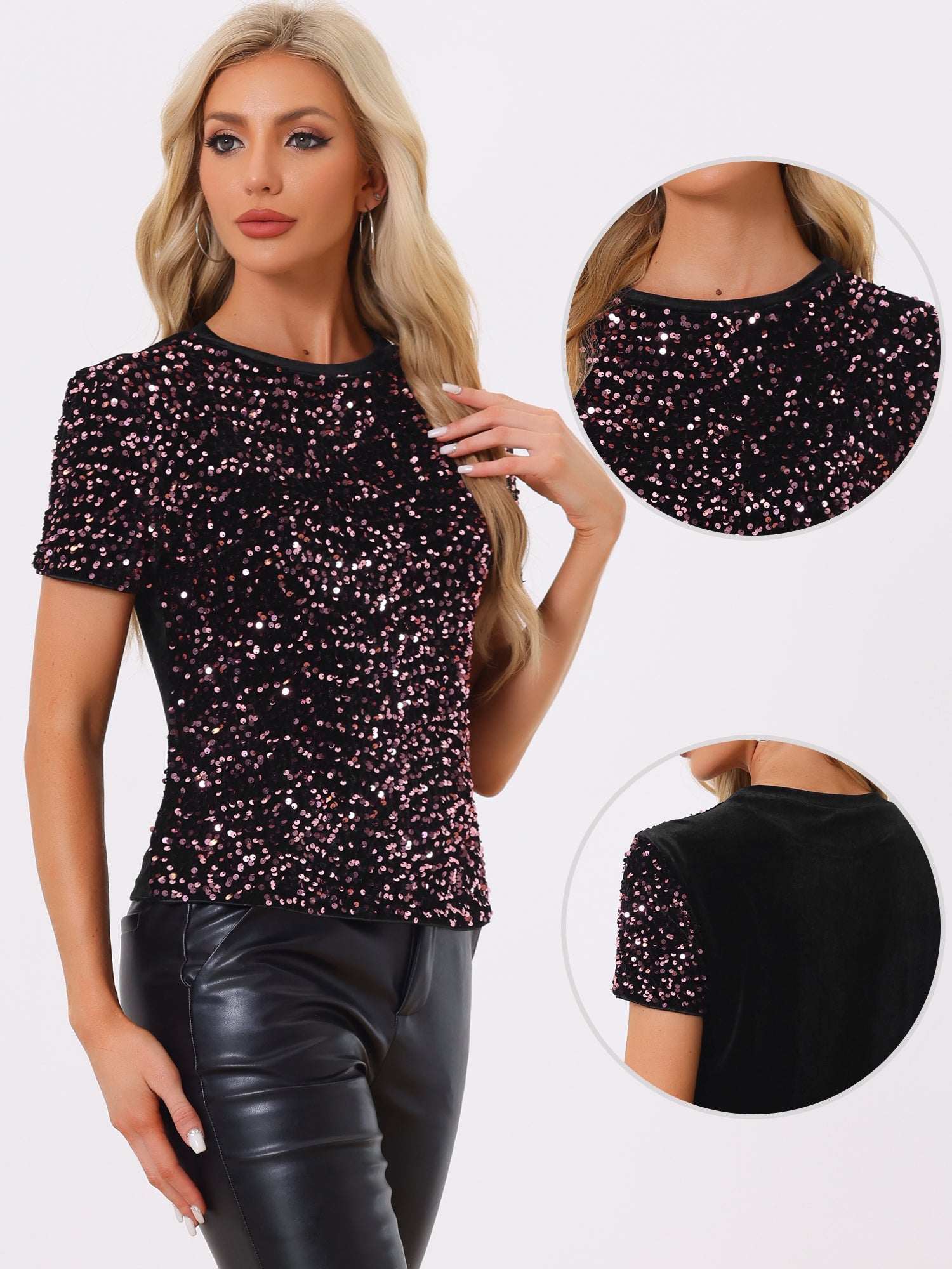 Glitter Sequin Velvet Crew Neck Short Sleeve Party Clubwear Blouse
