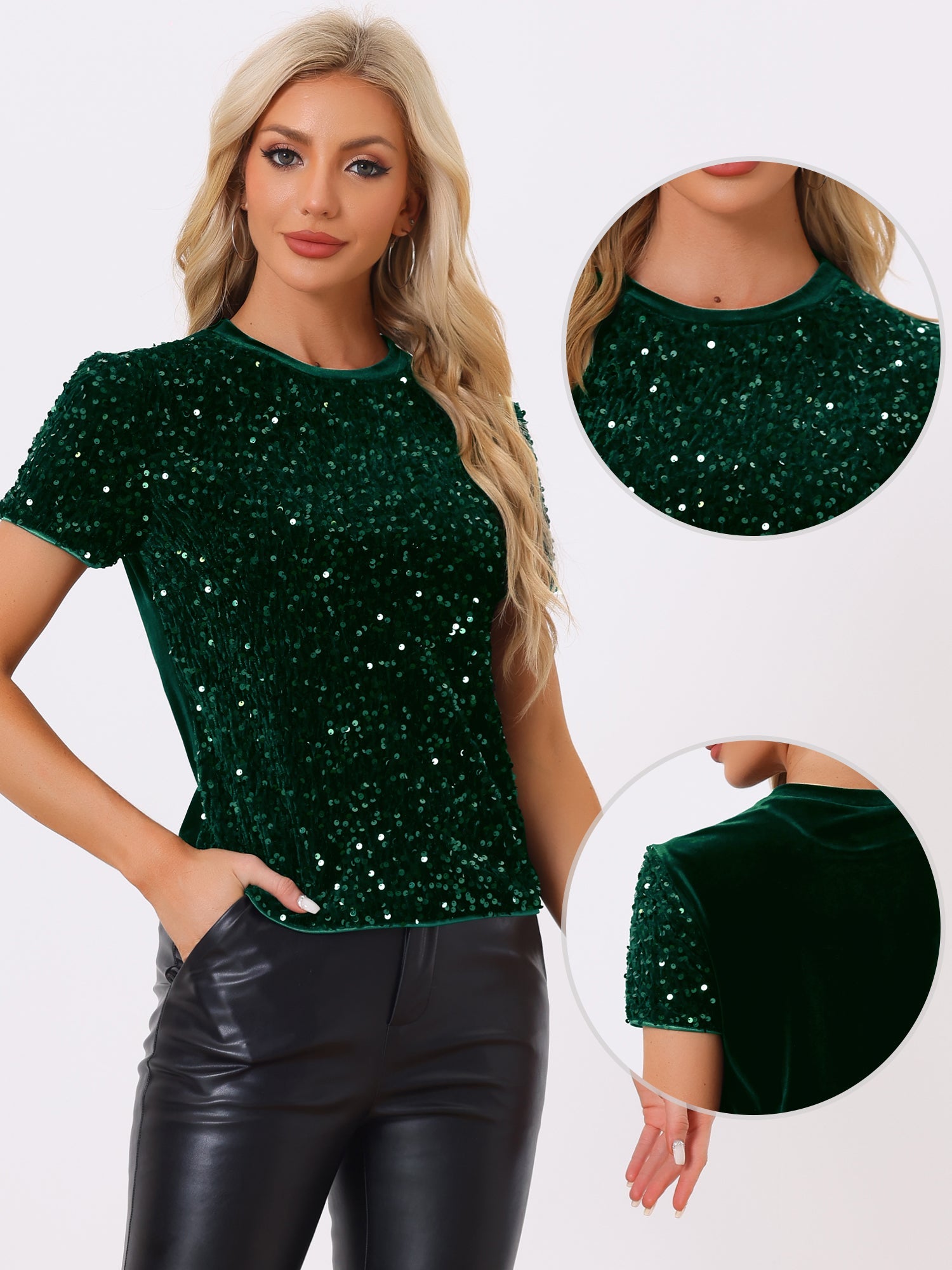Glitter Sequin Velvet Crew Neck Short Sleeve Party Clubwear Blouse