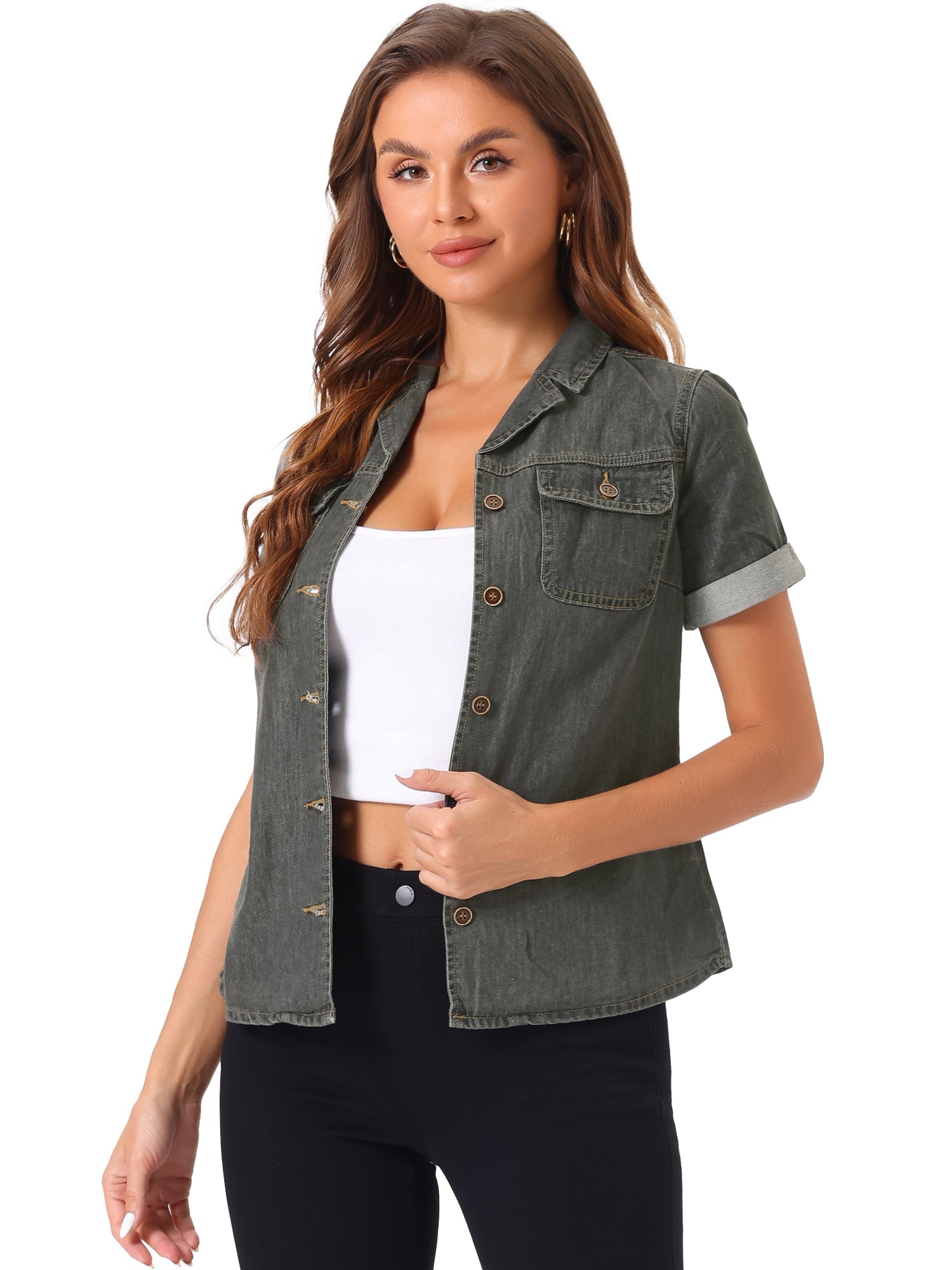 Button Up Collared Short Sleeve Pocket Classic Denim Shirt