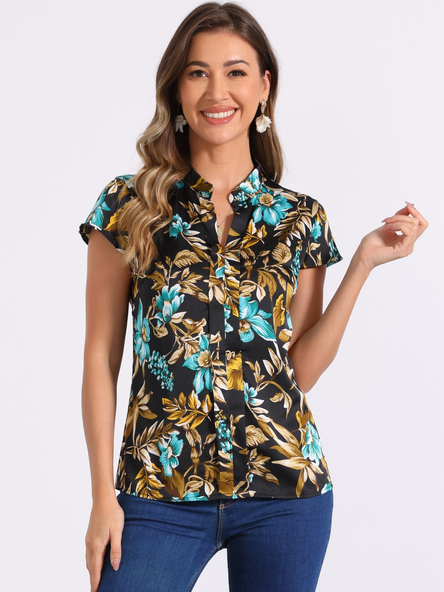 Satin Work Floral Vintage Stand Collar Cap Sleeve Blouse