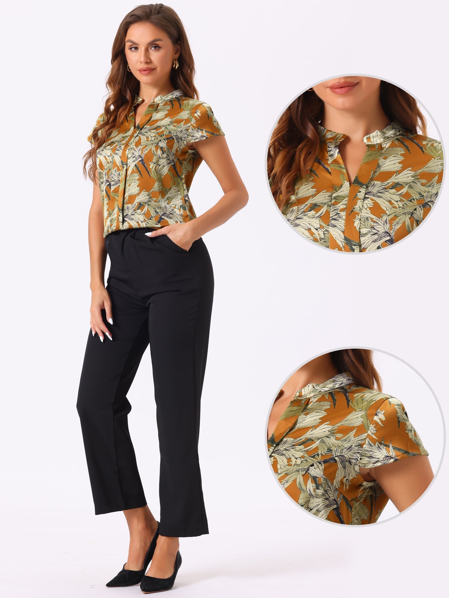 Satin Work Floral Vintage Stand Collar Cap Sleeve Blouse
