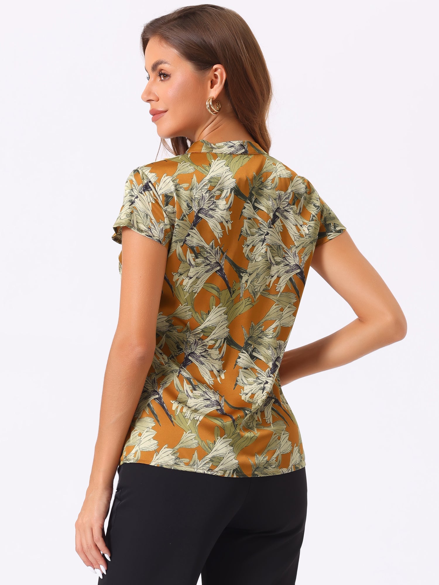 Satin Work Floral Vintage Stand Collar Cap Sleeve Blouse