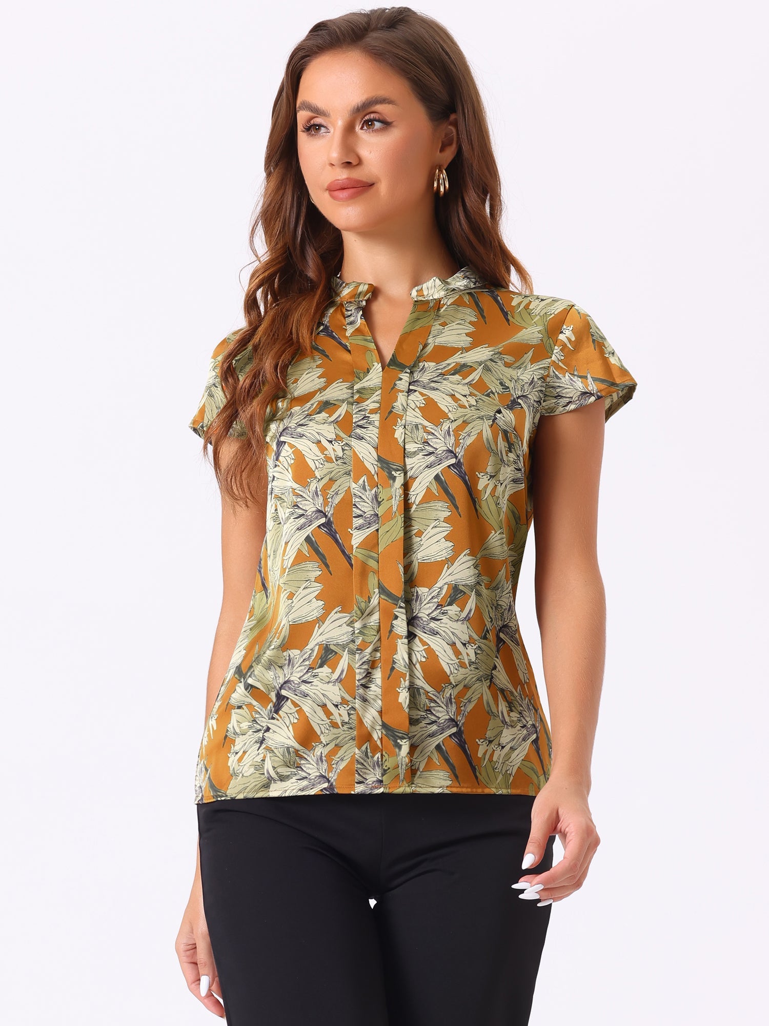 Satin Work Floral Vintage Stand Collar Cap Sleeve Blouse