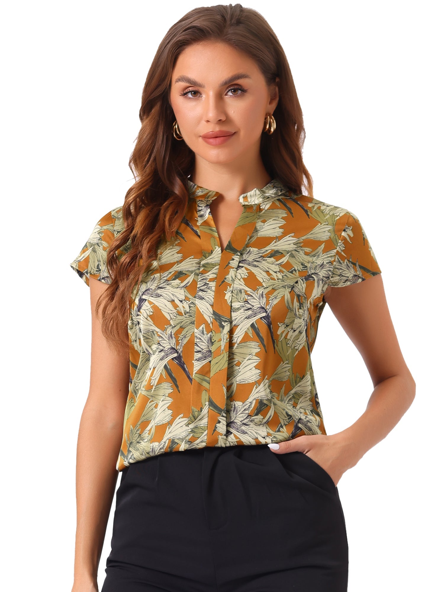 Satin Work Floral Vintage Stand Collar Cap Sleeve Blouse