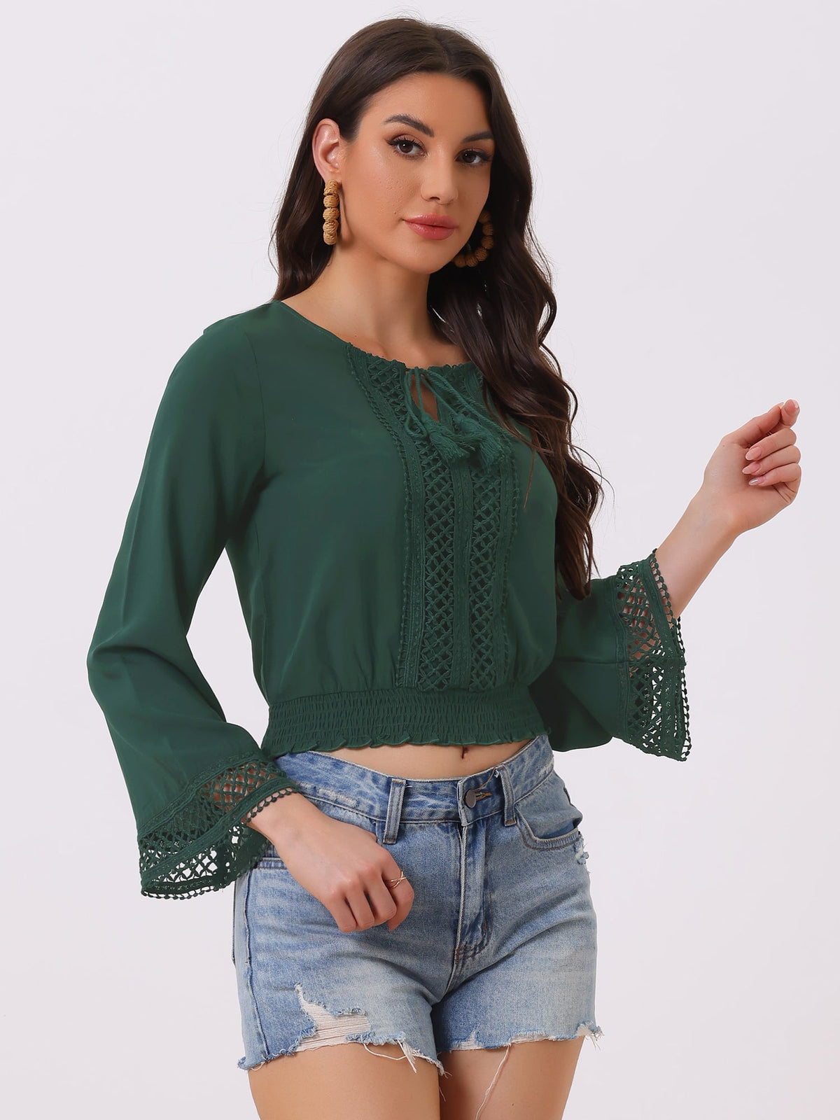 Boho Beach Blouse Bell Sleeve Lace Trim Tie Neck Peasant Smocked Top