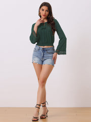 Boho Beach Blouse Bell Sleeve Lace Trim Tie Neck Peasant Smocked Top