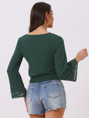 Boho Beach Blouse Bell Sleeve Lace Trim Tie Neck Peasant Smocked Top