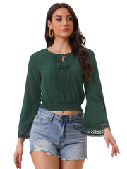 Boho Beach Blouse Bell Sleeve Lace Trim Tie Neck Peasant Smocked Top