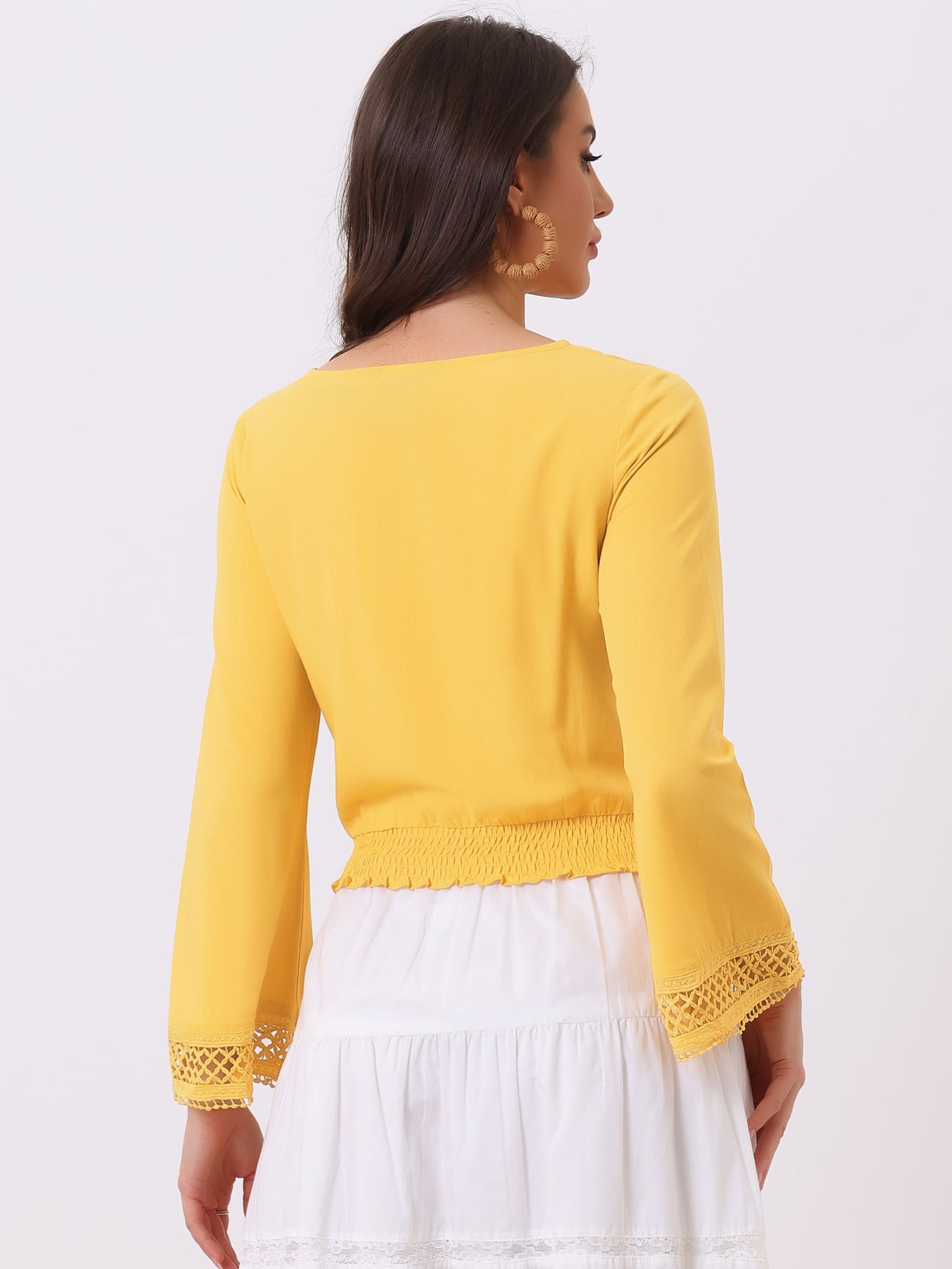 Boho Beach Blouse Bell Sleeve Lace Trim Tie Neck Peasant Smocked Top