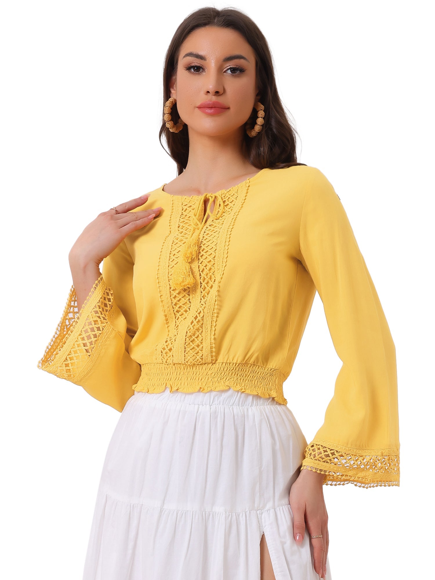 Boho Beach Blouse Bell Sleeve Lace Trim Tie Neck Peasant Smocked Top