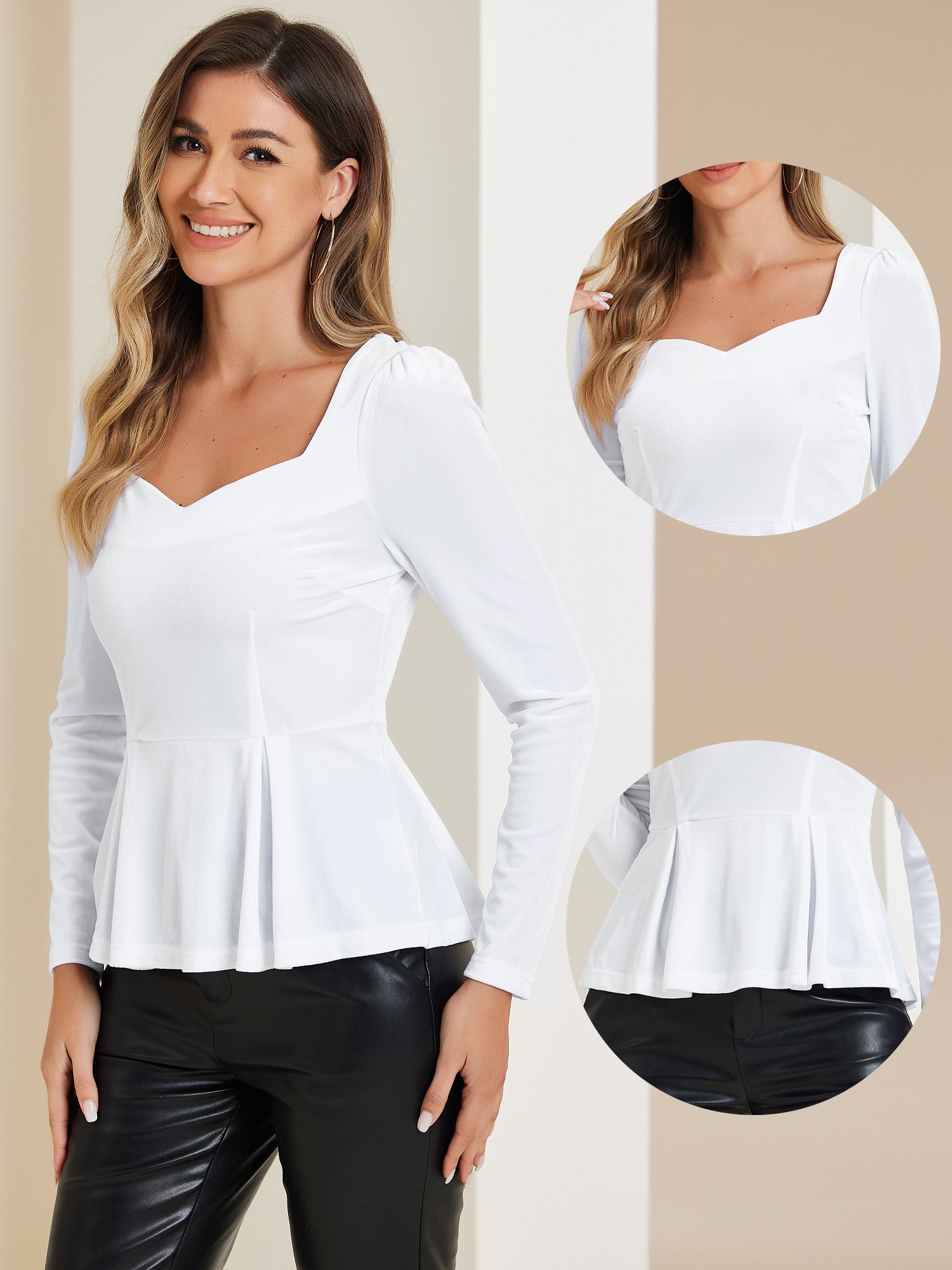 Velvet Blouse Elegant Sweetheart Neck Long Sleeve Peplum Top