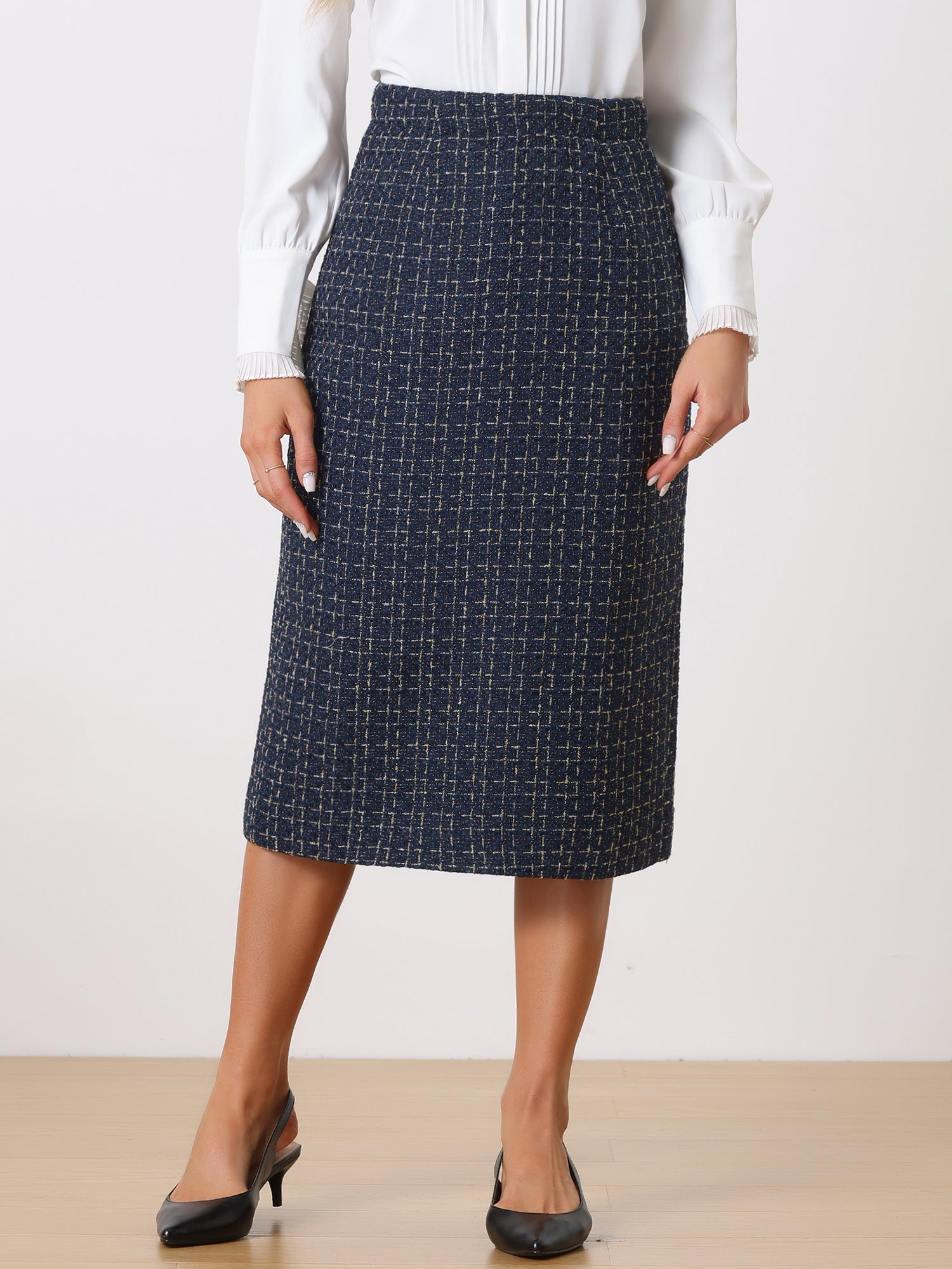Plaid Tweed High Waist Work Office Bodycon Pencil Midi Skirt
