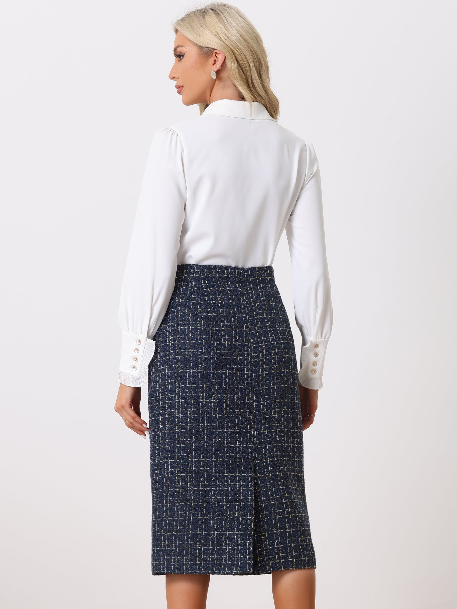 Plaid Tweed High Waist Work Office Bodycon Pencil Midi Skirt