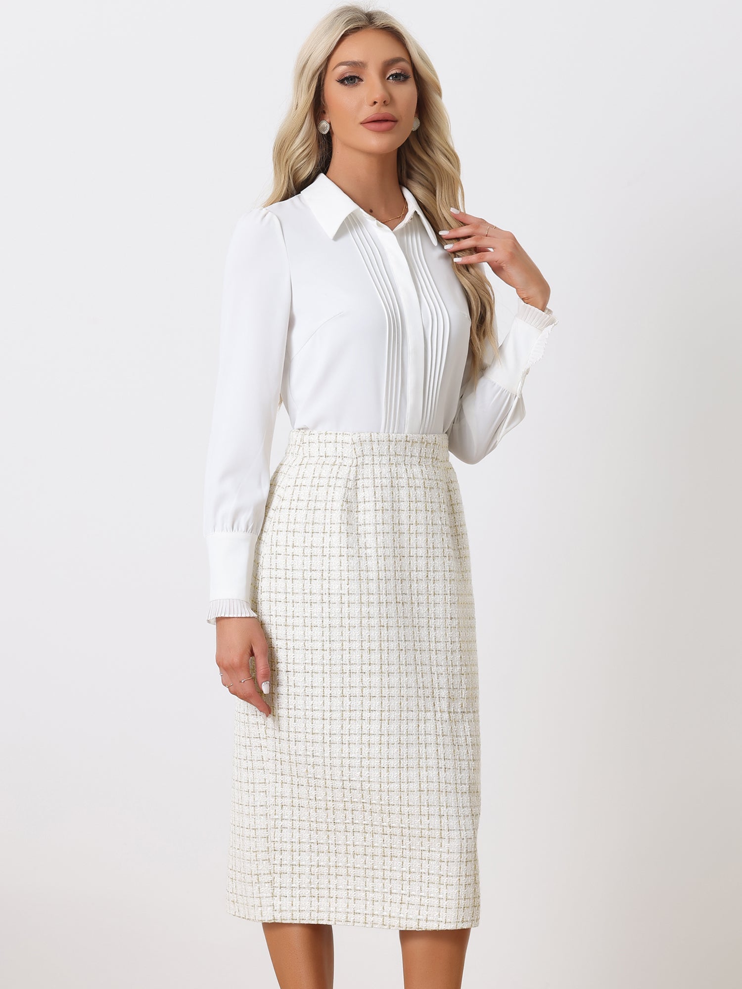 Plaid Tweed High Waist Work Office Bodycon Pencil Midi Skirt