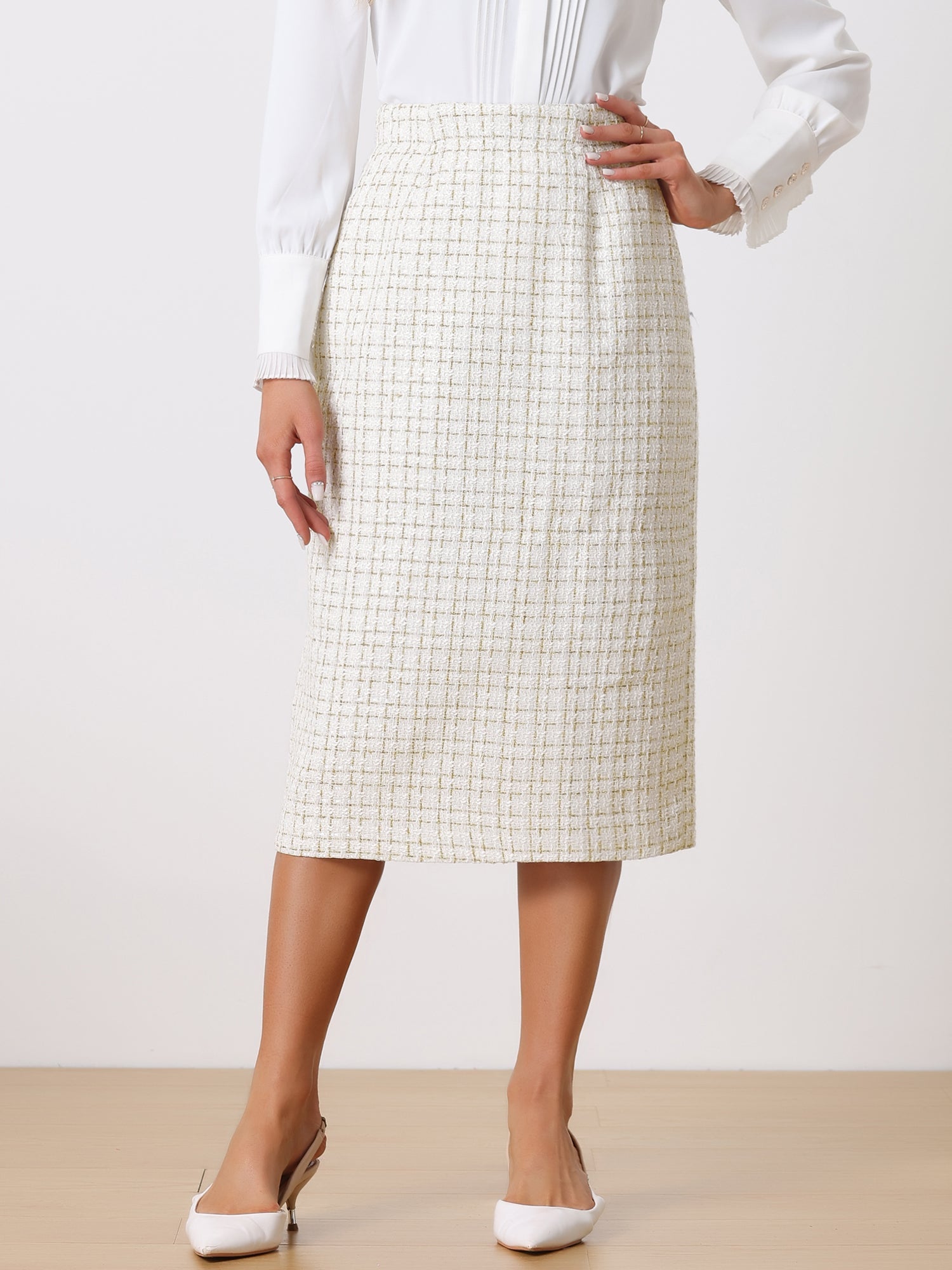 Plaid Tweed High Waist Work Office Bodycon Pencil Midi Skirt