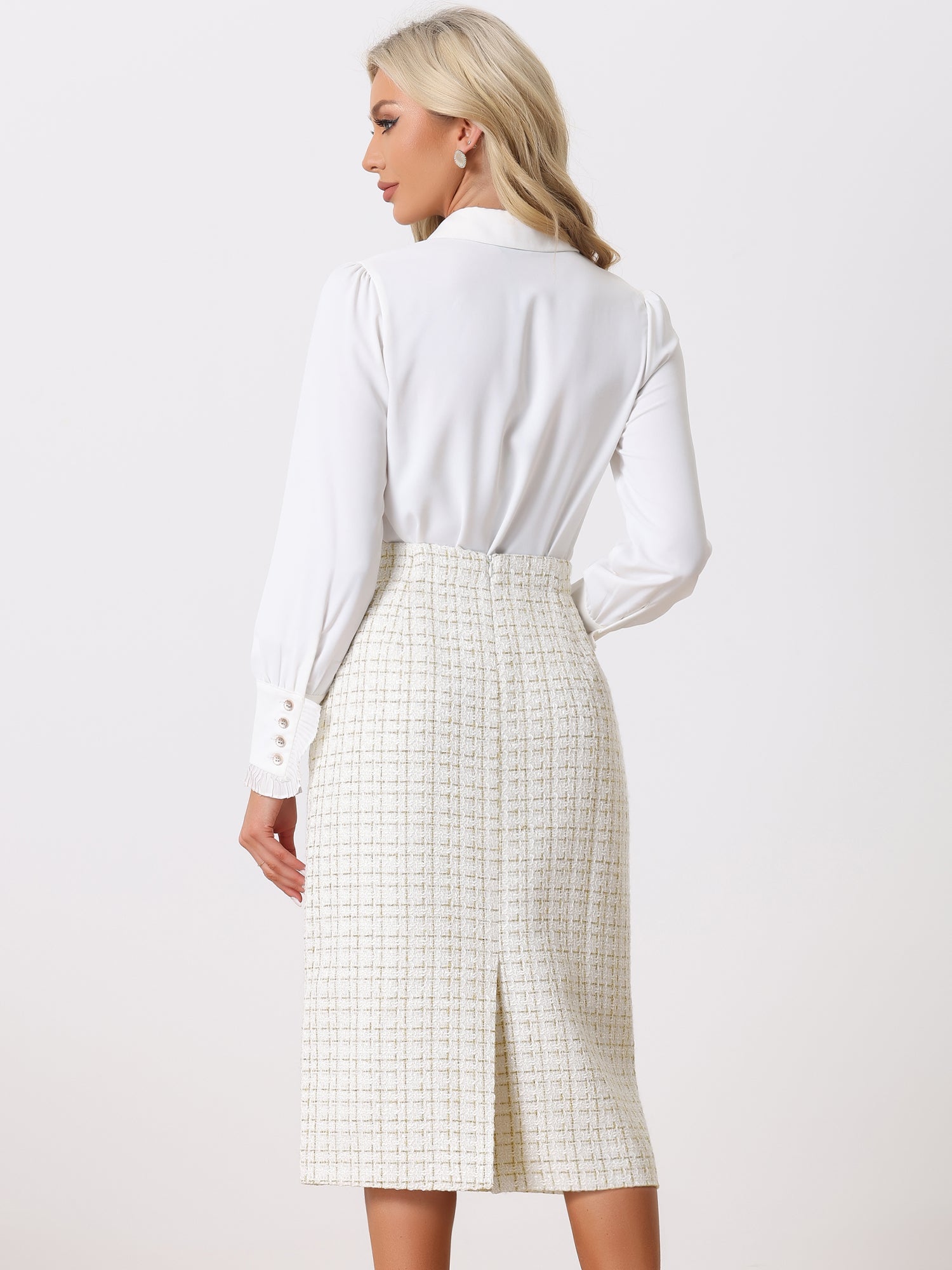 Plaid Tweed High Waist Work Office Bodycon Pencil Midi Skirt