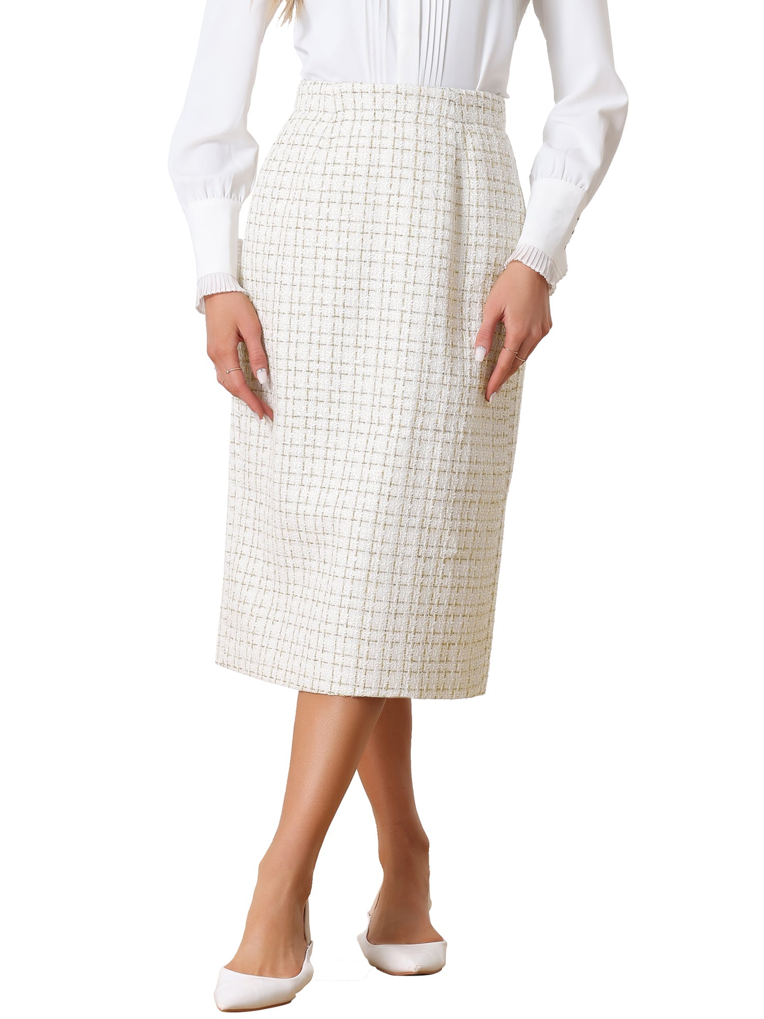 Plaid Tweed High Waist Work Office Bodycon Pencil Midi Skirt