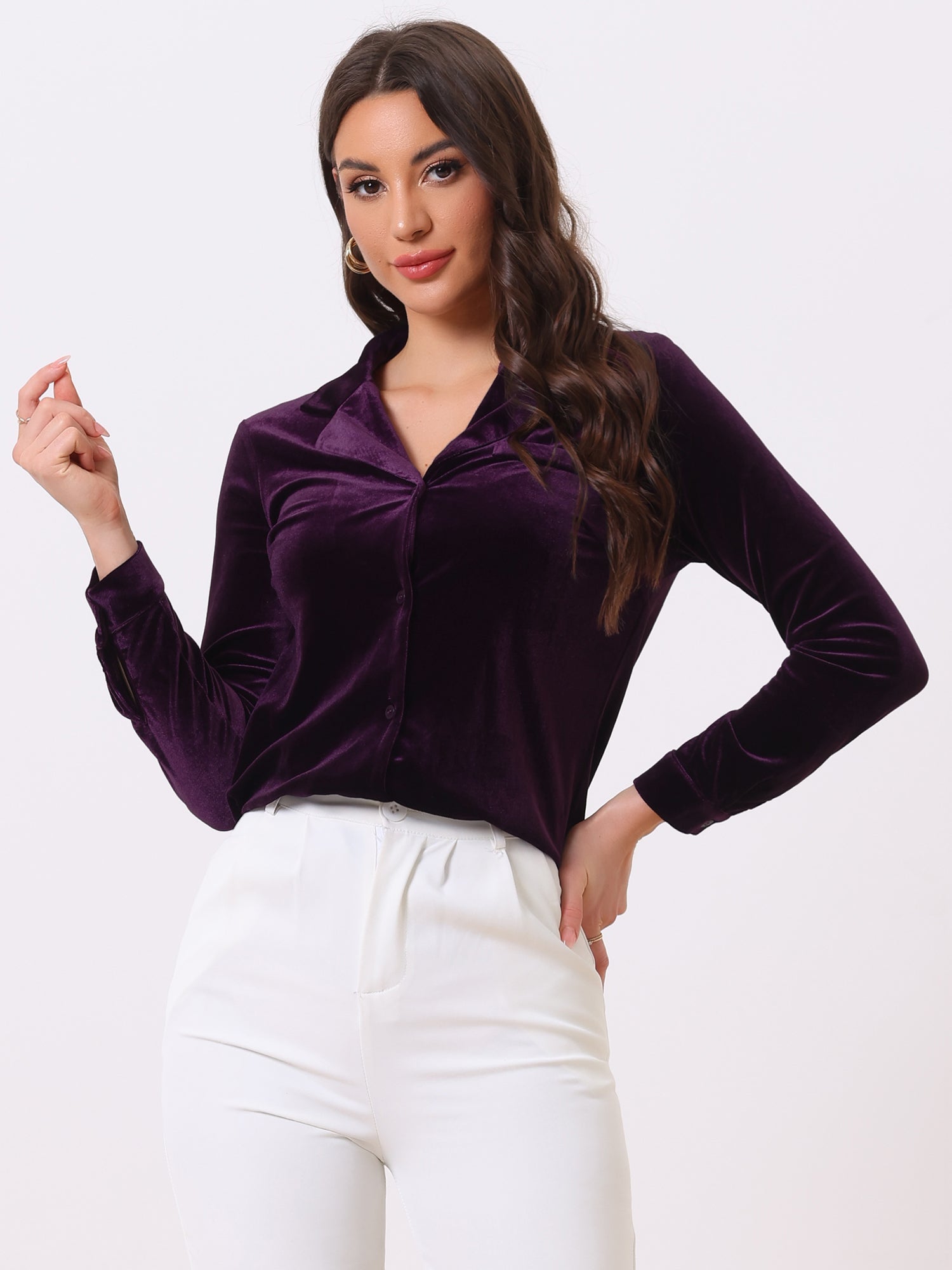 Velvet Blouse Collared Long Sleeve Button Down Shirt Top