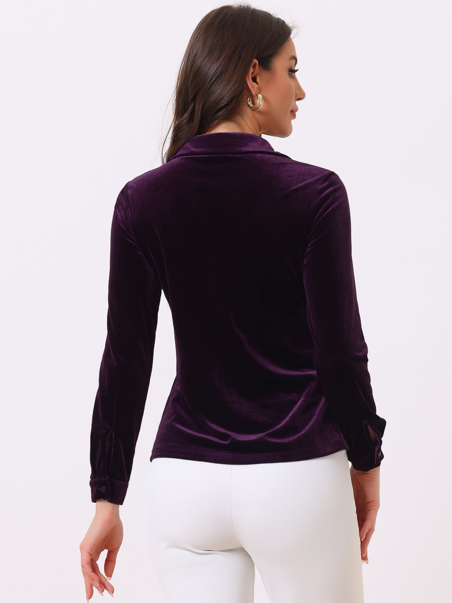 Velvet Blouse Collared Long Sleeve Button Down Shirt Top