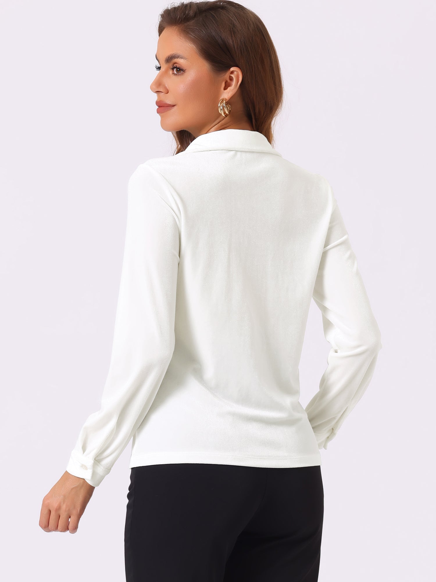 Velvet Blouse Collared Long Sleeve Button Down Shirt Top