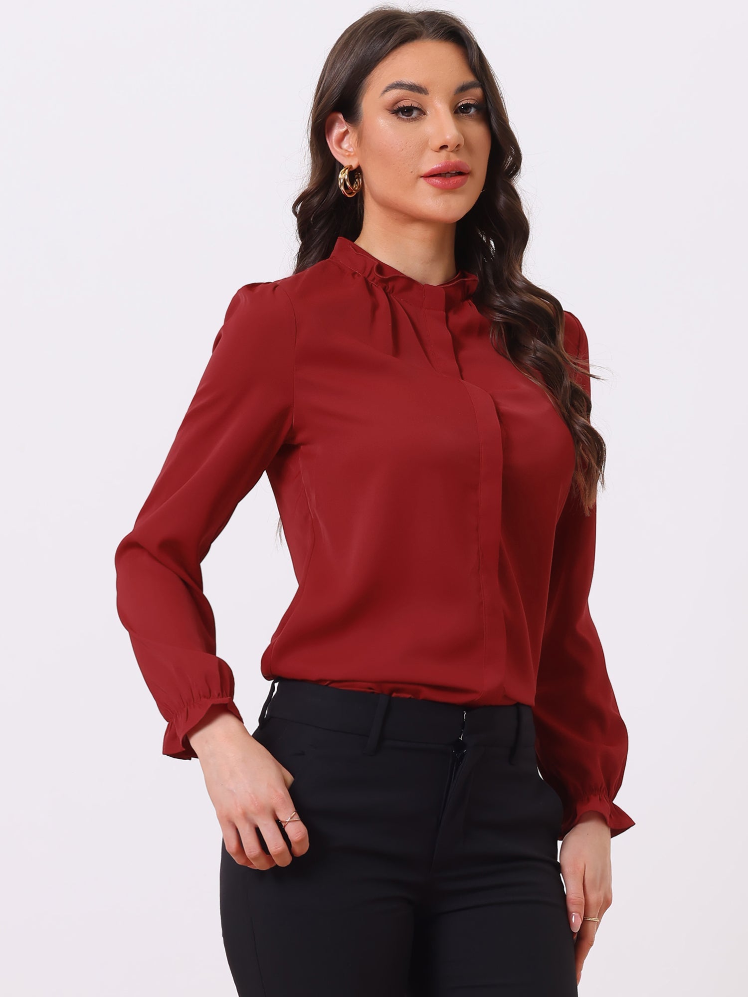 Work Office Blouse Button Up Ruffle Collar Long Sleeve Chiffon Shirt