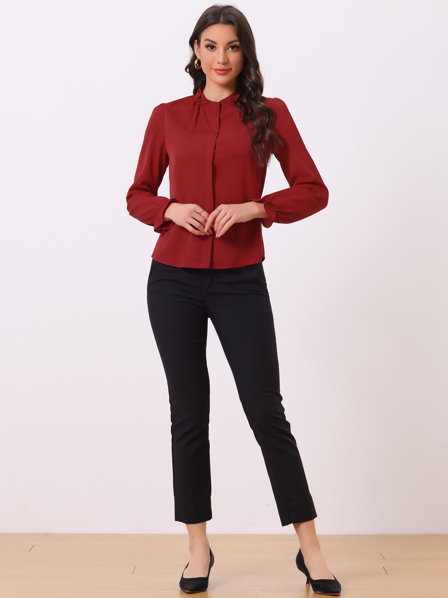 Work Office Blouse Button Up Ruffle Collar Long Sleeve Chiffon Shirt