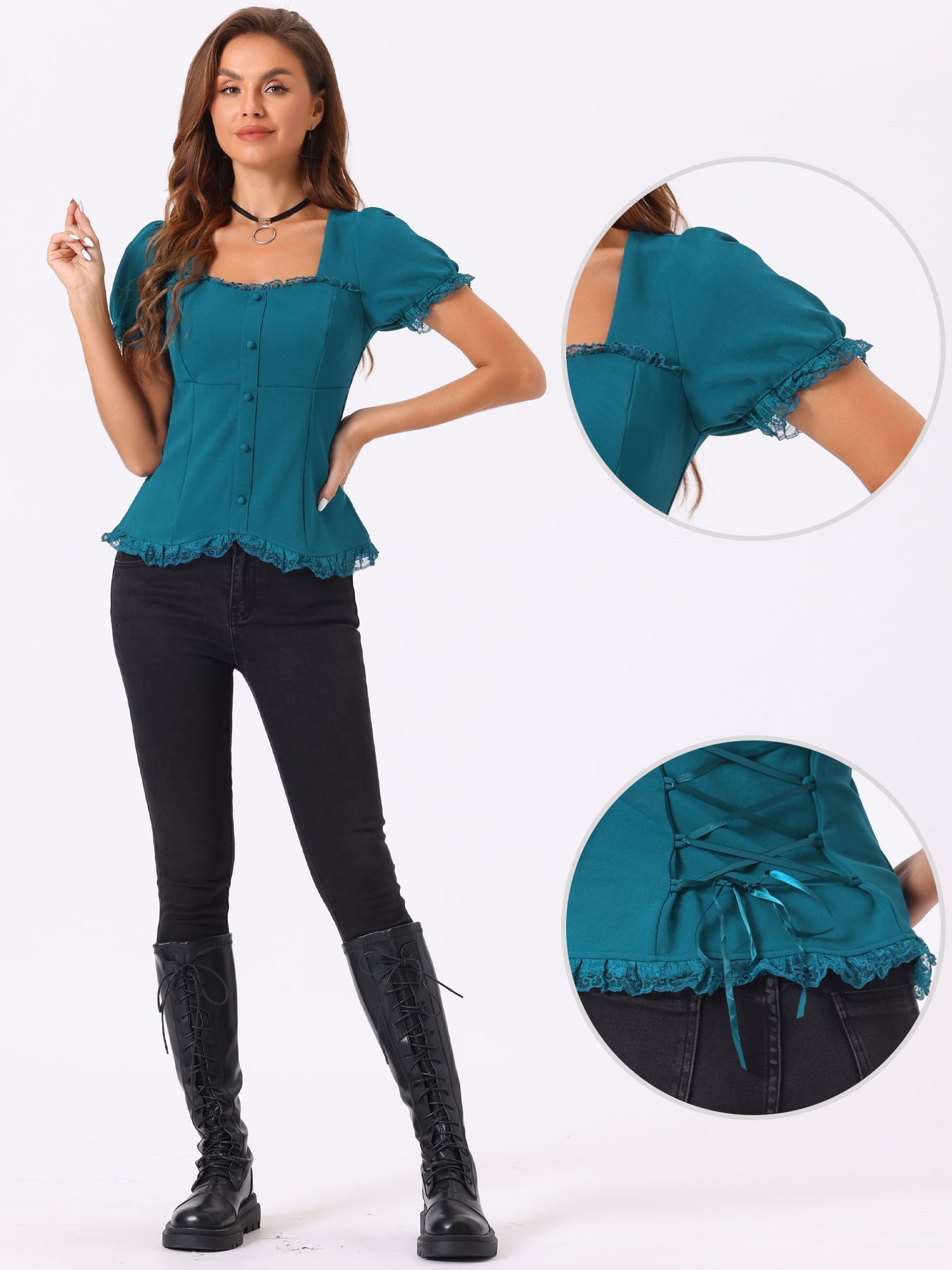 Sweetheart Neck Puff Short Sleeve Lace Up Gothic Blouse