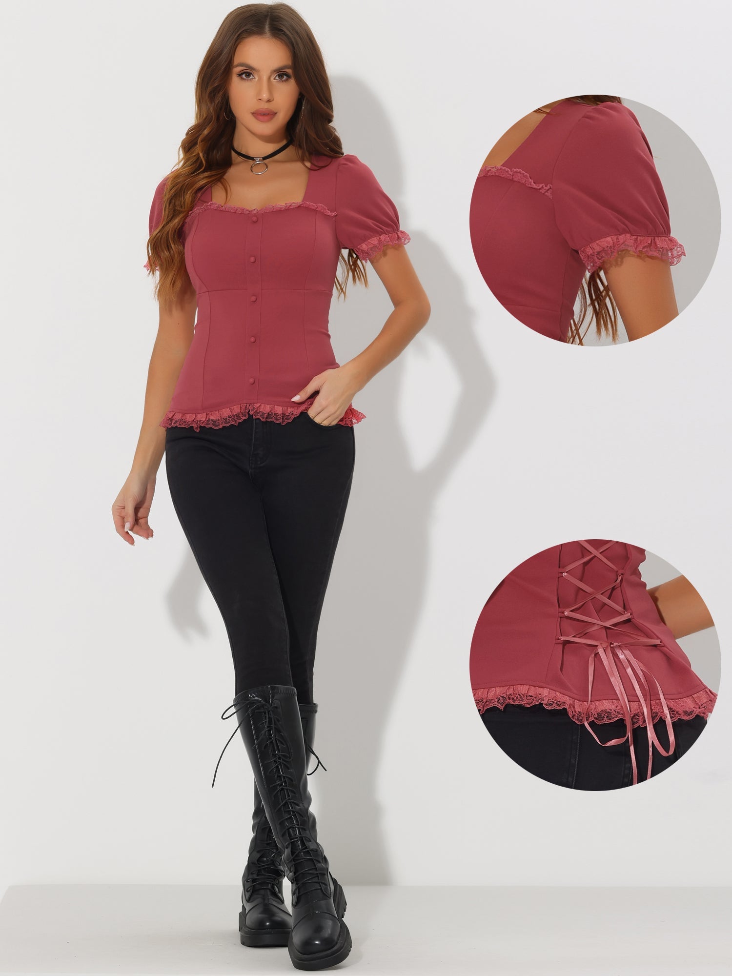 Sweetheart Neck Puff Short Sleeve Lace Up Gothic Blouse