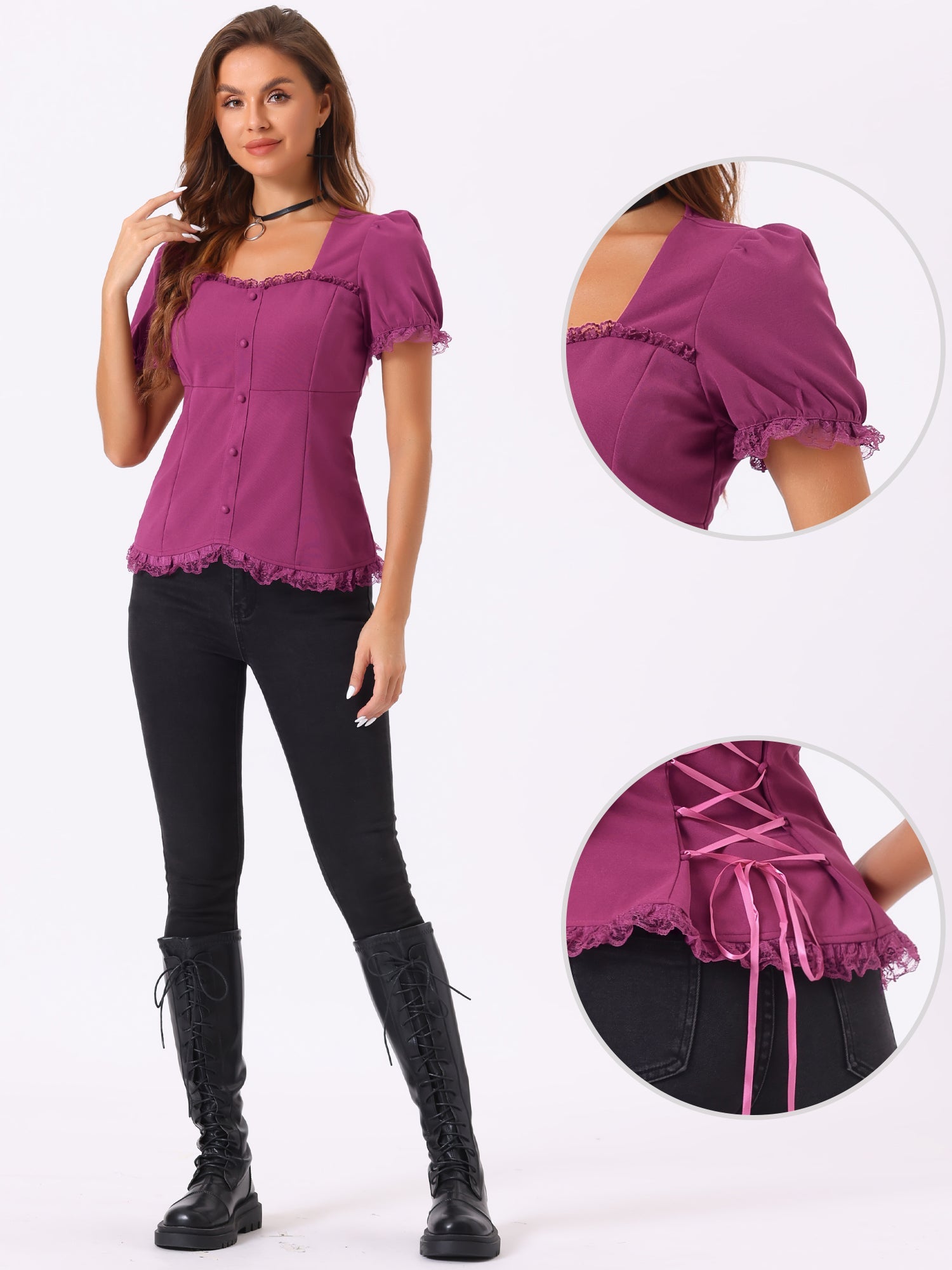Sweetheart Neck Puff Short Sleeve Lace Up Gothic Blouse
