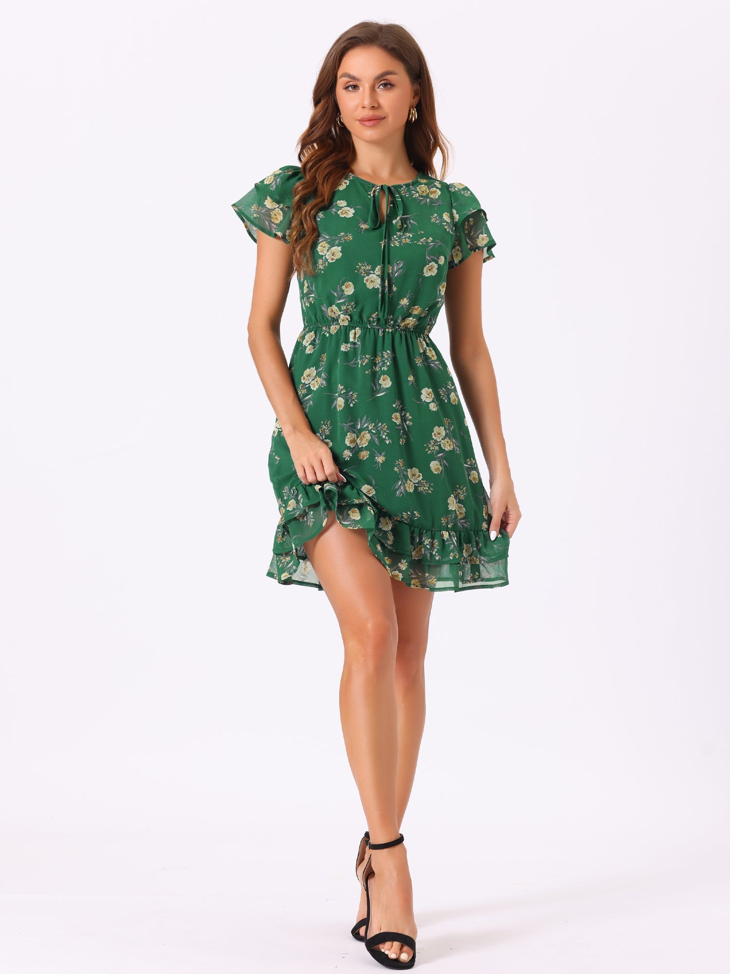 Ruffle Sleeve V Neck Above Knee A-Line Floral Chiffon Dress