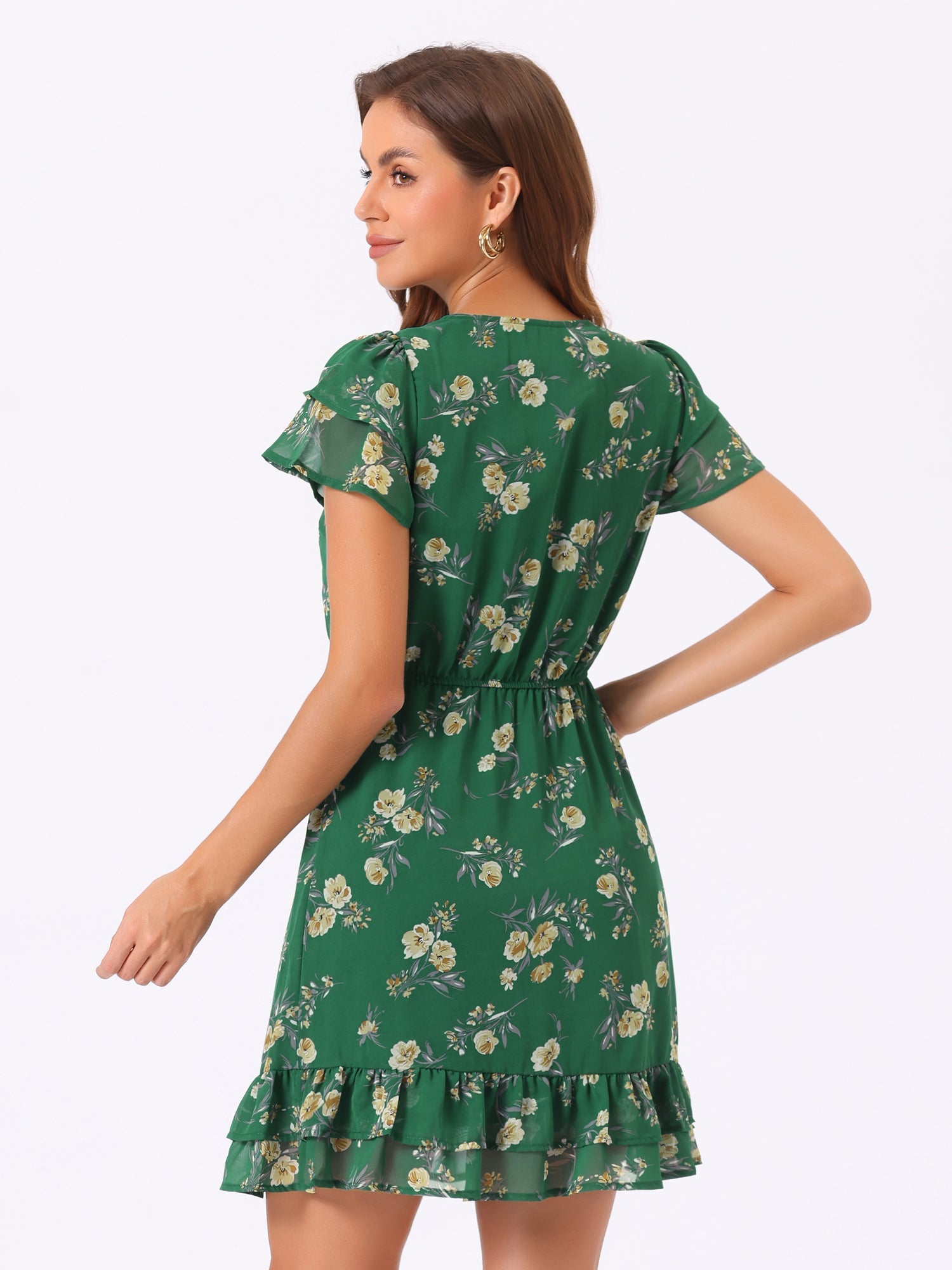 Ruffle Sleeve V Neck Above Knee A-Line Floral Chiffon Dress