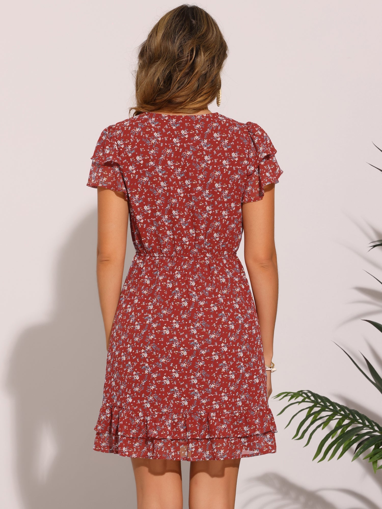 Ruffle Sleeve V Neck Above Knee A-Line Floral Chiffon Dress