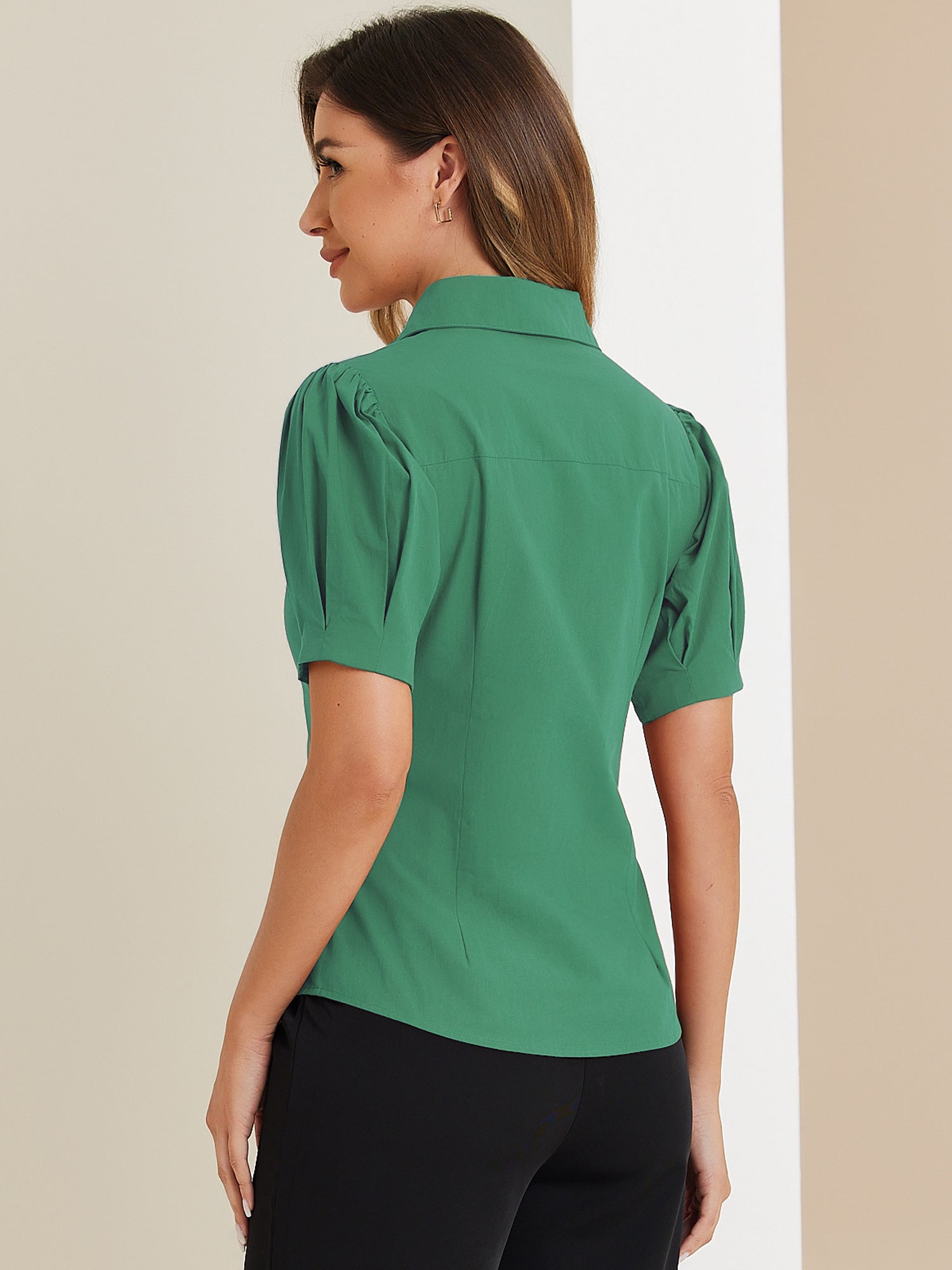 Puff Sleeve Collared Cotton Work Office Button Down Shirt