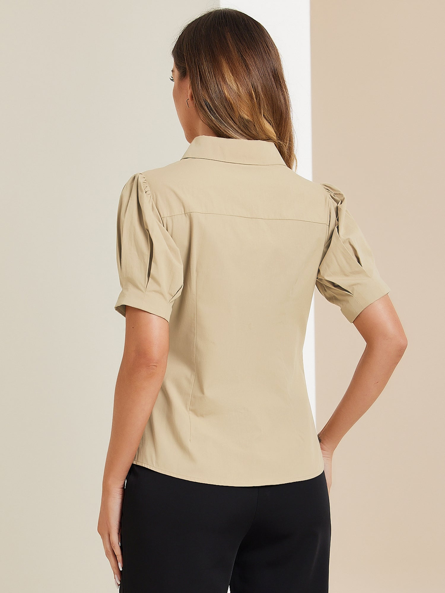Puff Sleeve Collared Cotton Work Office Button Down Shirt