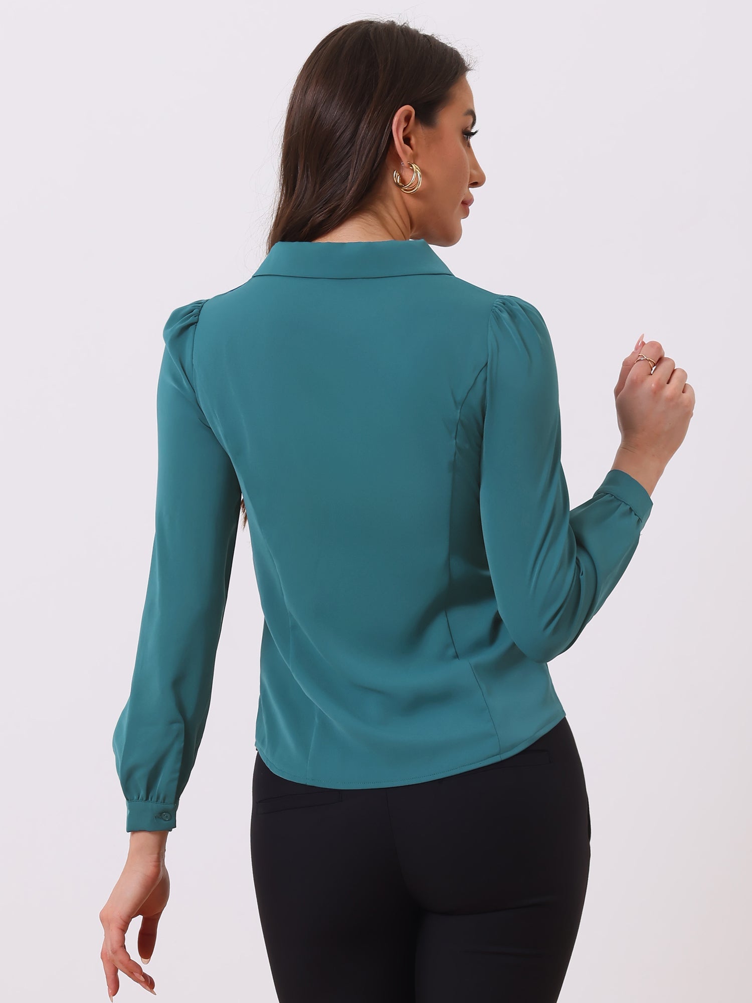 Peter Pan Collar Chiffon Bow Tie Neck Puff Sleeve Button Blouse